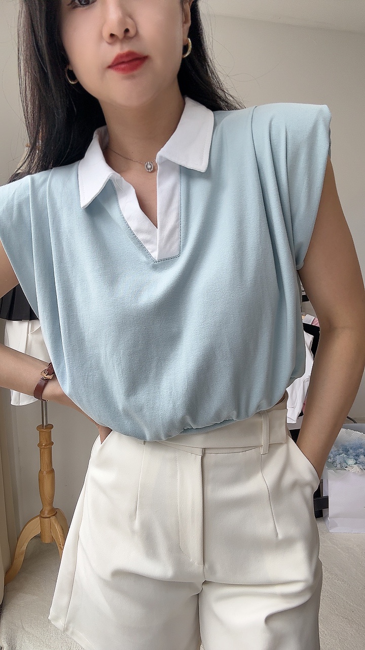 双色垫肩过袖有领上衣