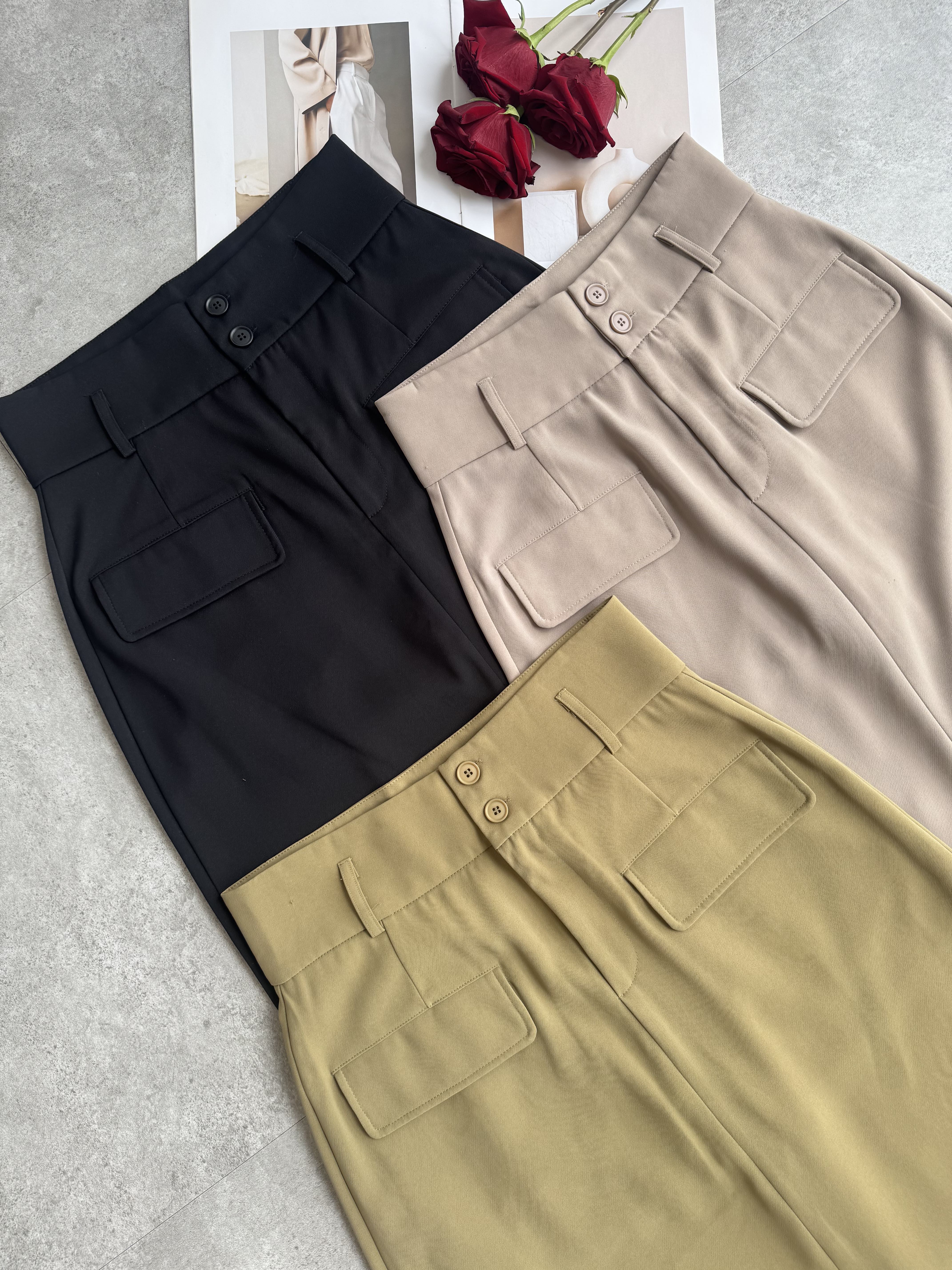 梨形高腰口袋盖设计滑面长裙 