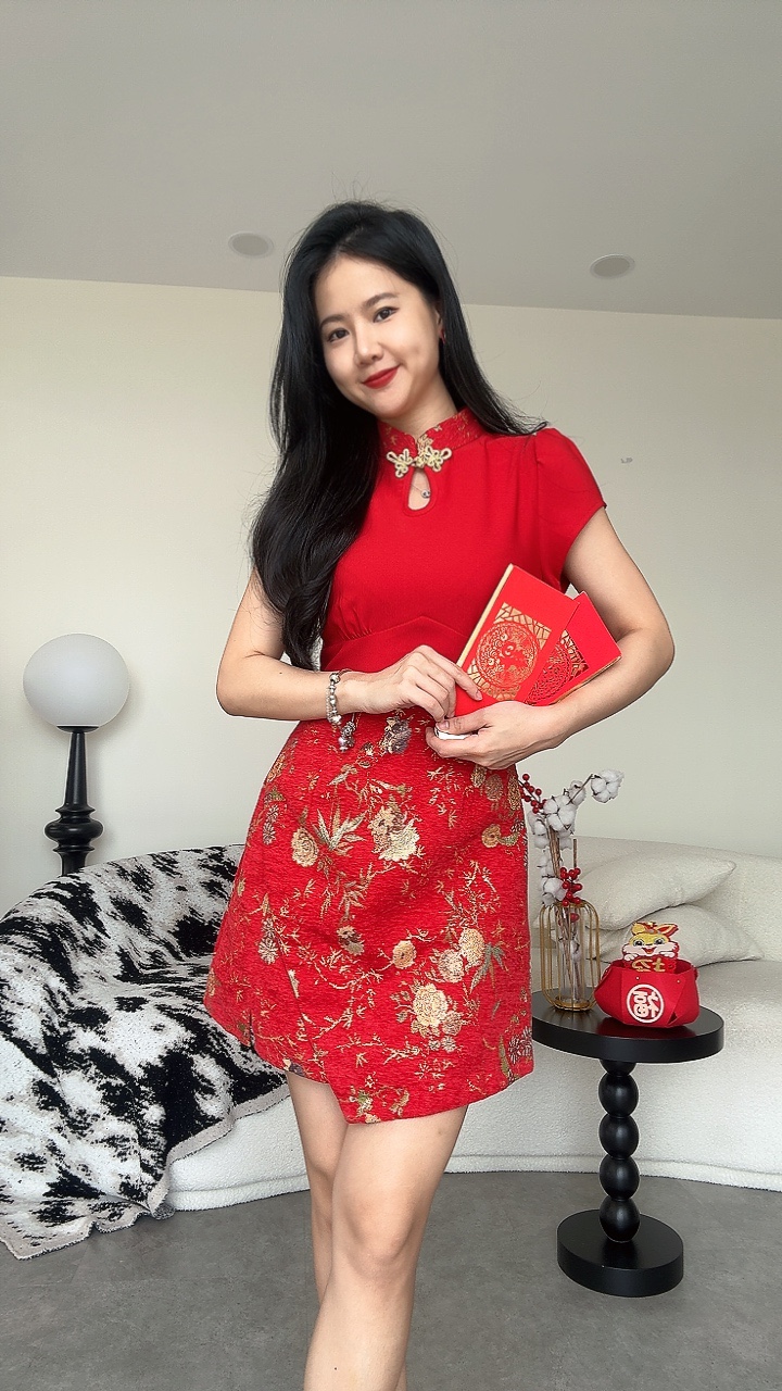 《新年旗袍》 修身拼色绒布连体裤