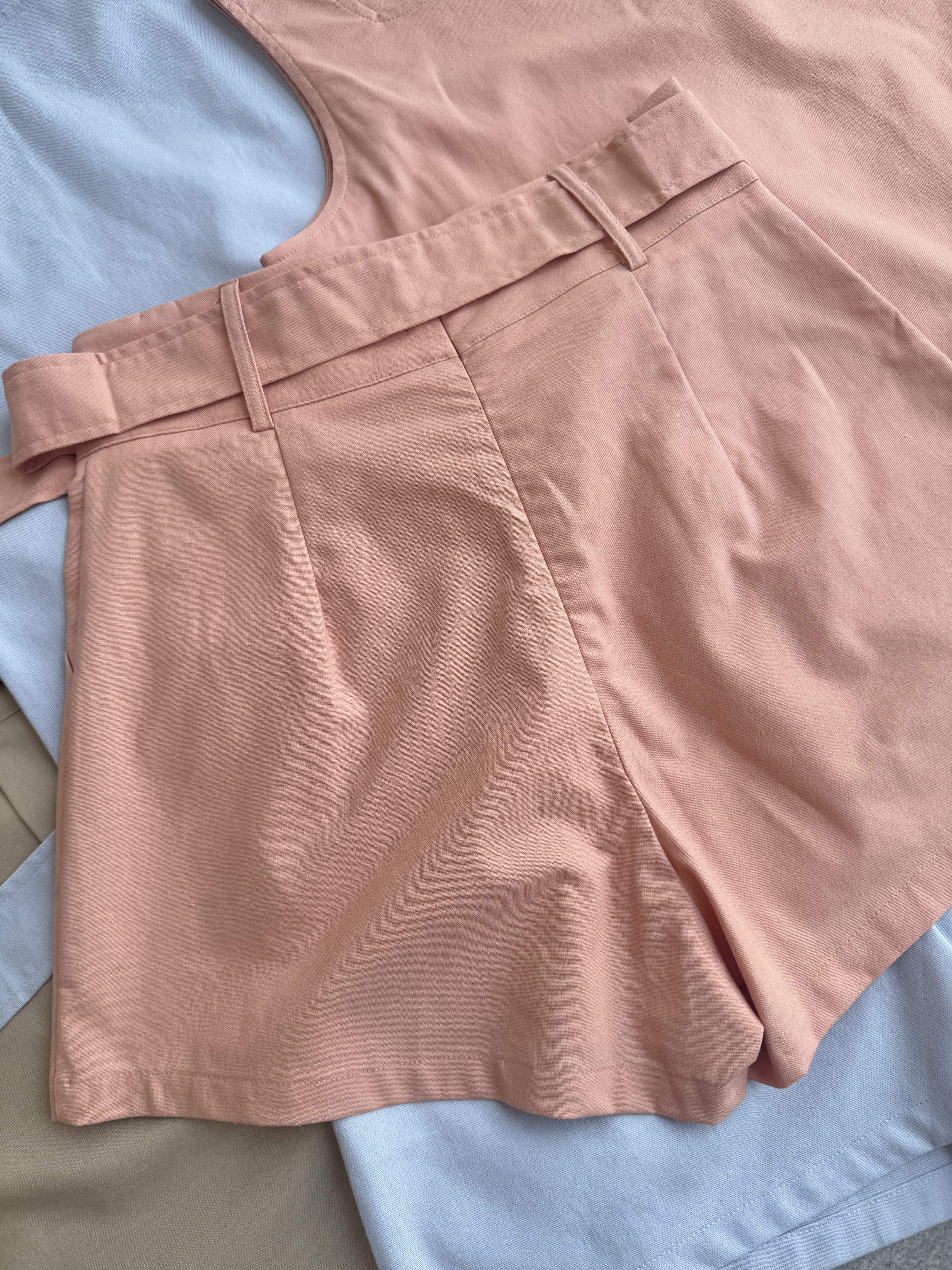 亚麻无袖方领宽衣短裤套装