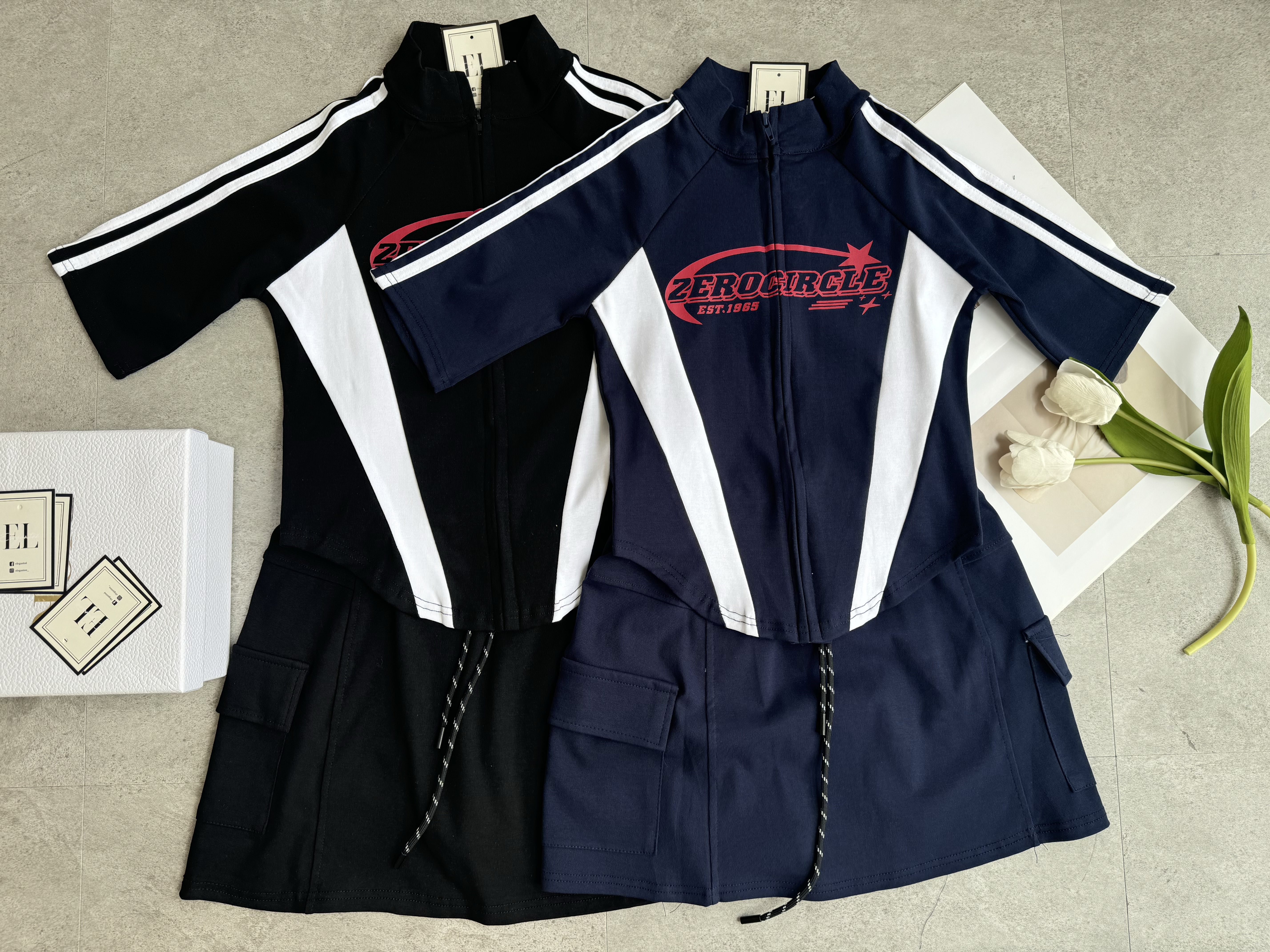 运动风中长袖短裙套装