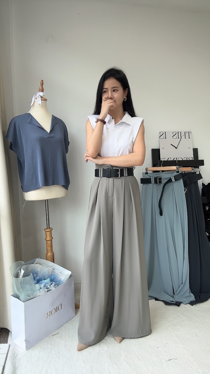 滑面高开褶阔腿裤-附送腰带