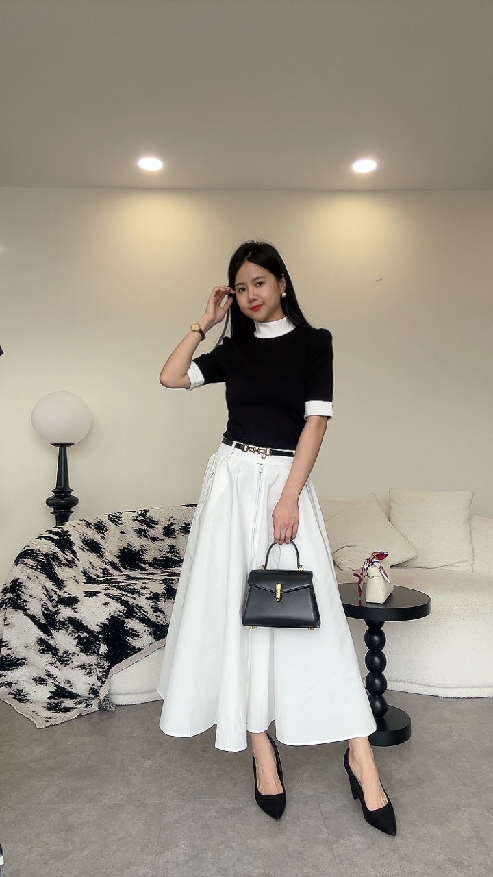 法式高级高领拼色中袖上衣