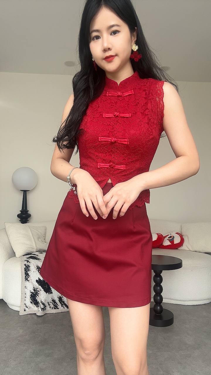 《新年》蕾丝旗袍短裙套装