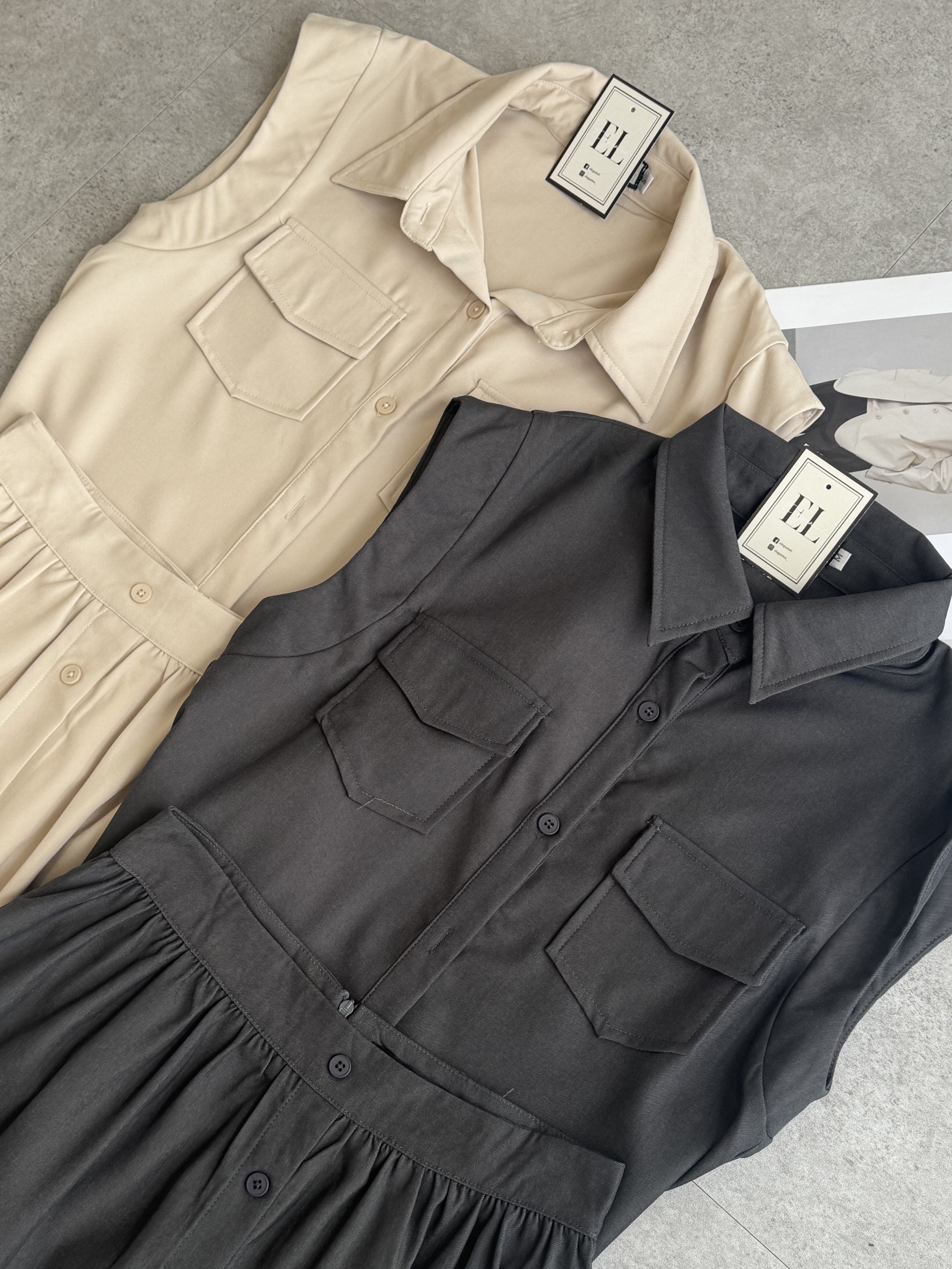 一节袖口袋A摆长裙套装