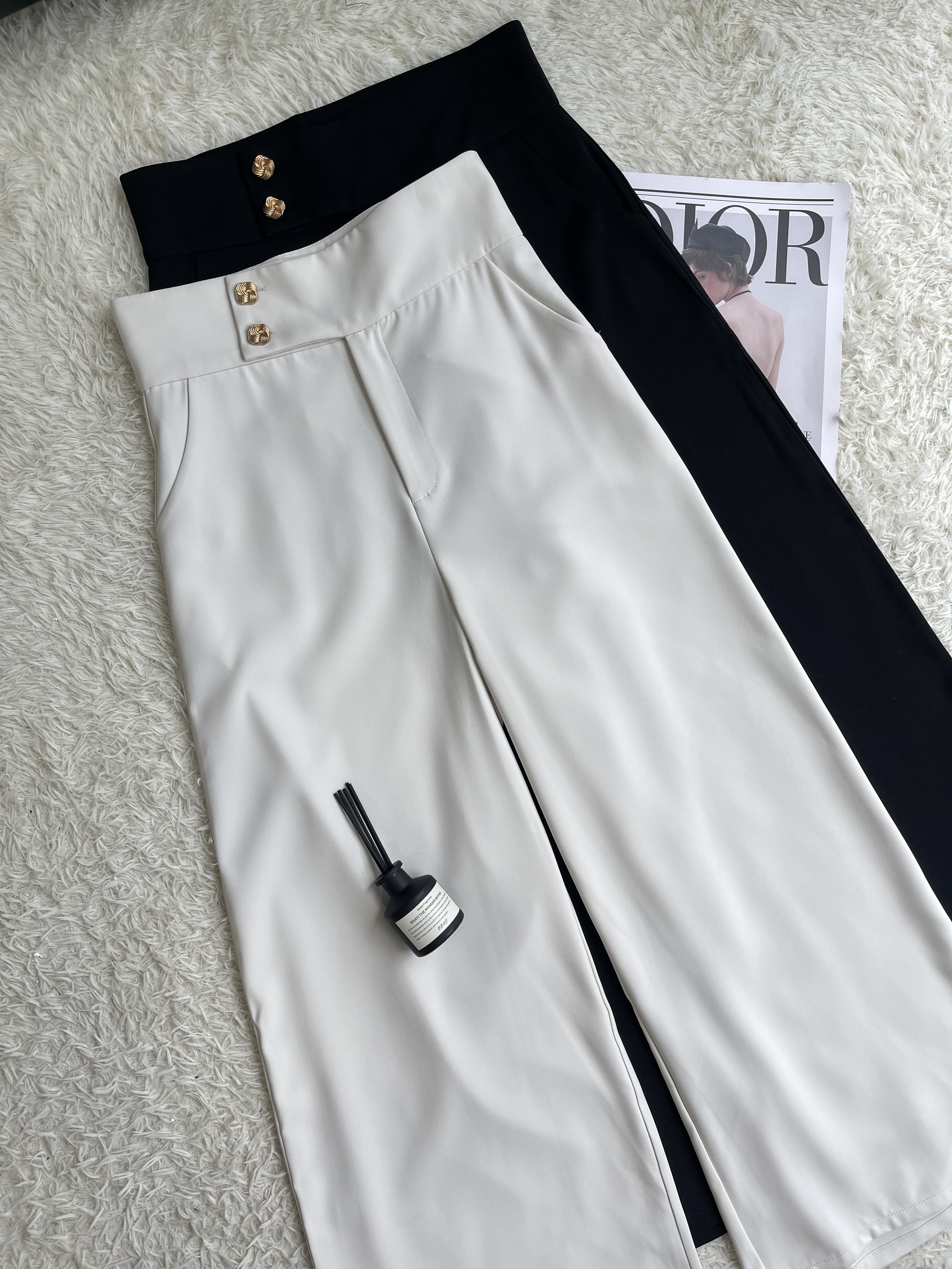 通勤金扣滑面直筒阔腿裤