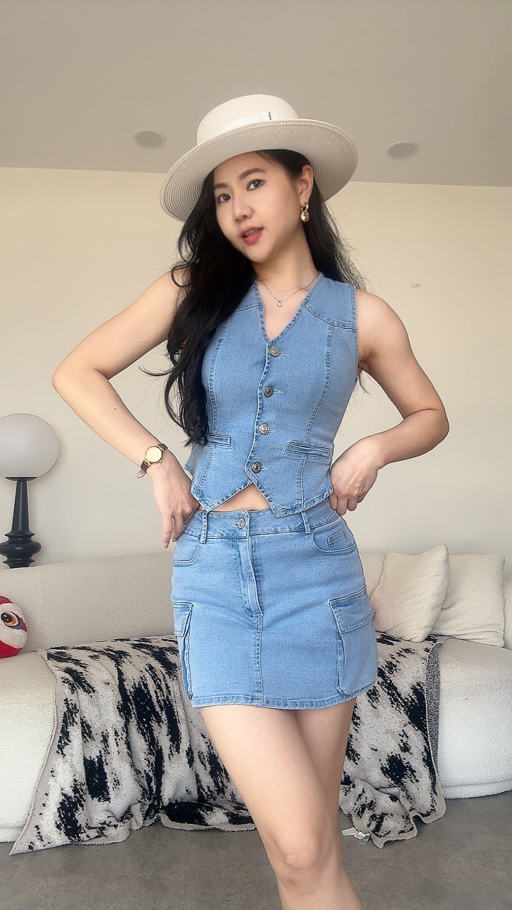 牛仔马甲短裙套装（中腰版）