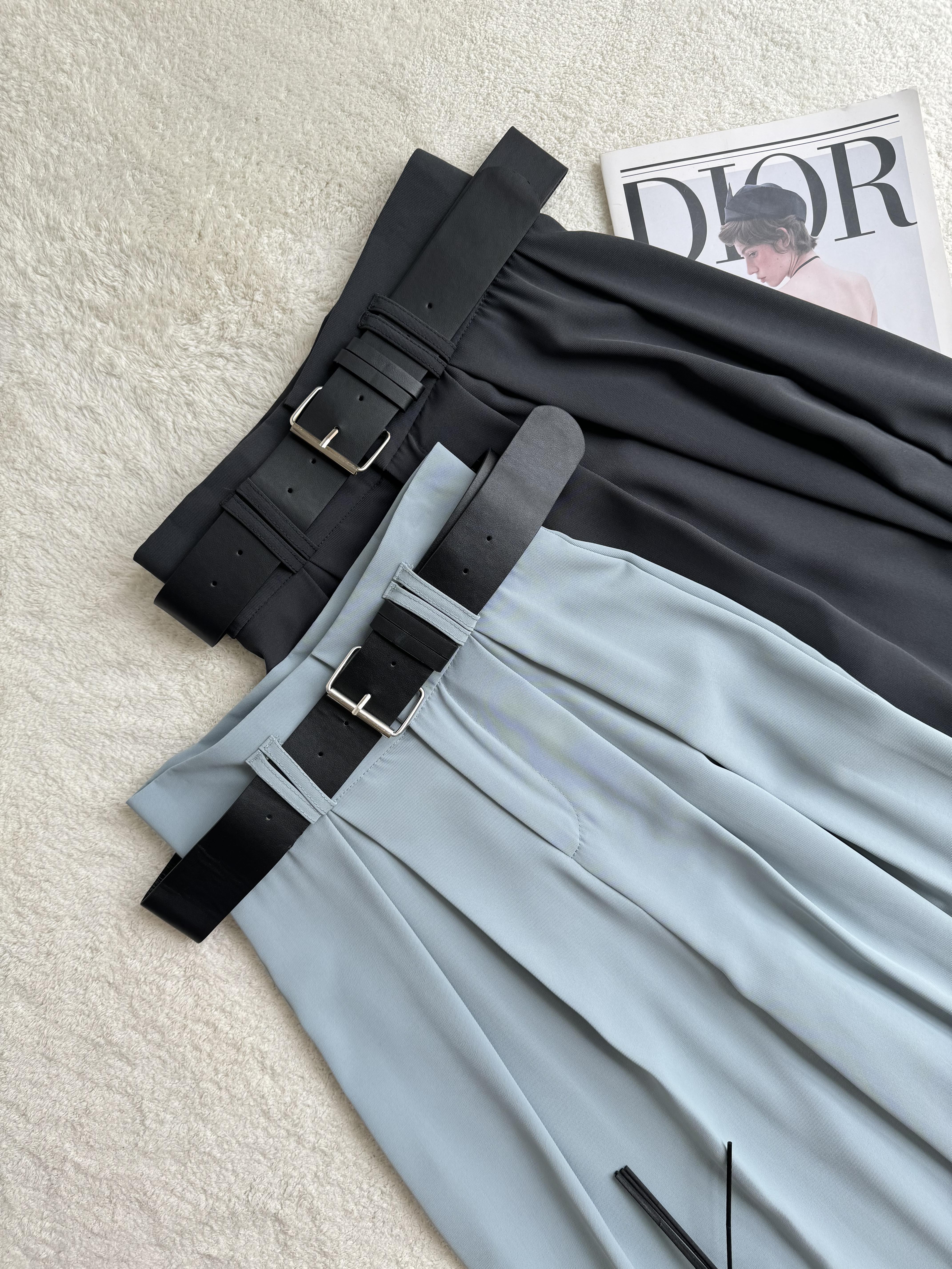 滑面高开褶阔腿裤-附送腰带