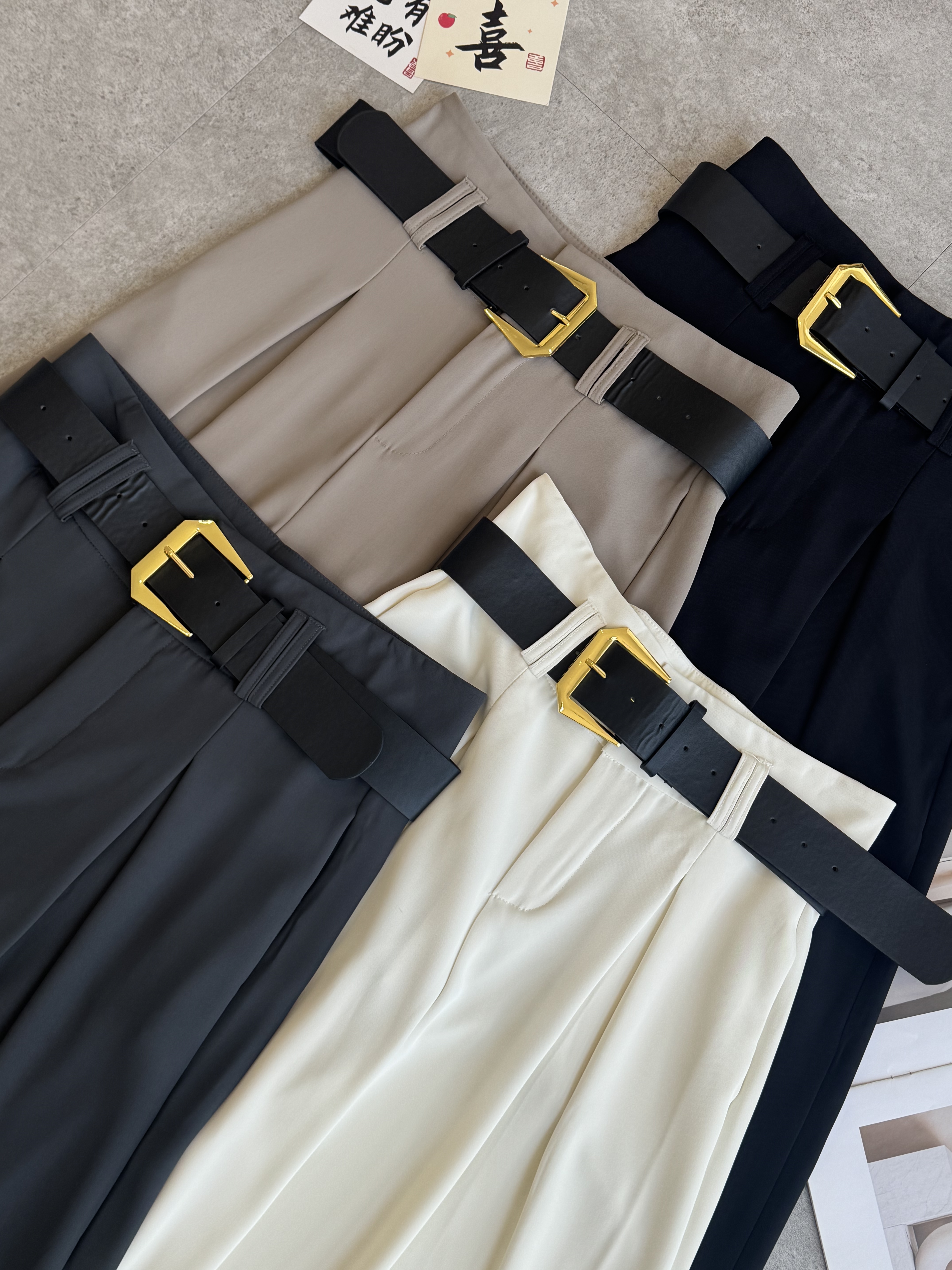 NEW滑垂厚金腰带高腰阔腿裤