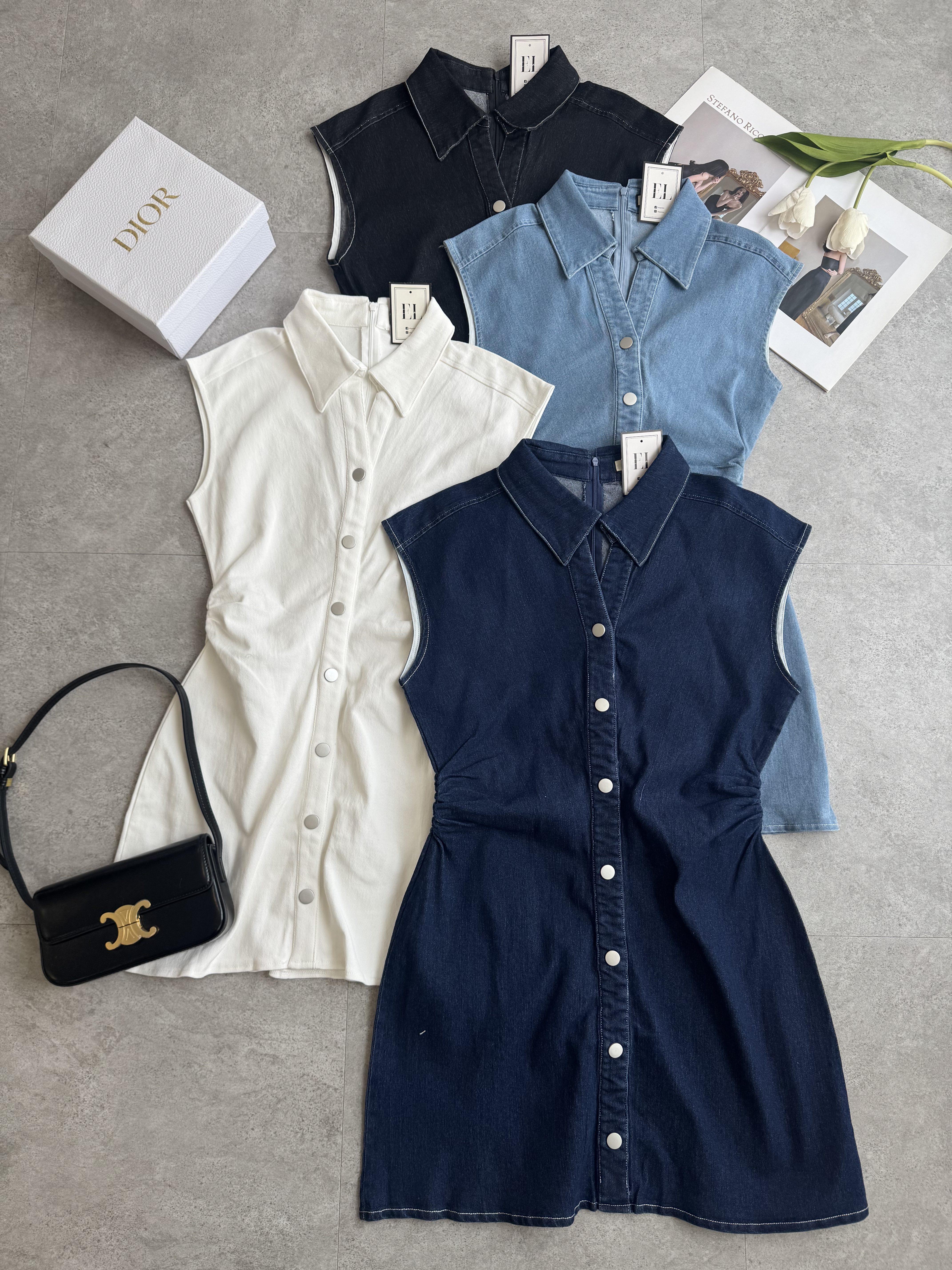 C袖收腰连身裙（牛仔｜短版）