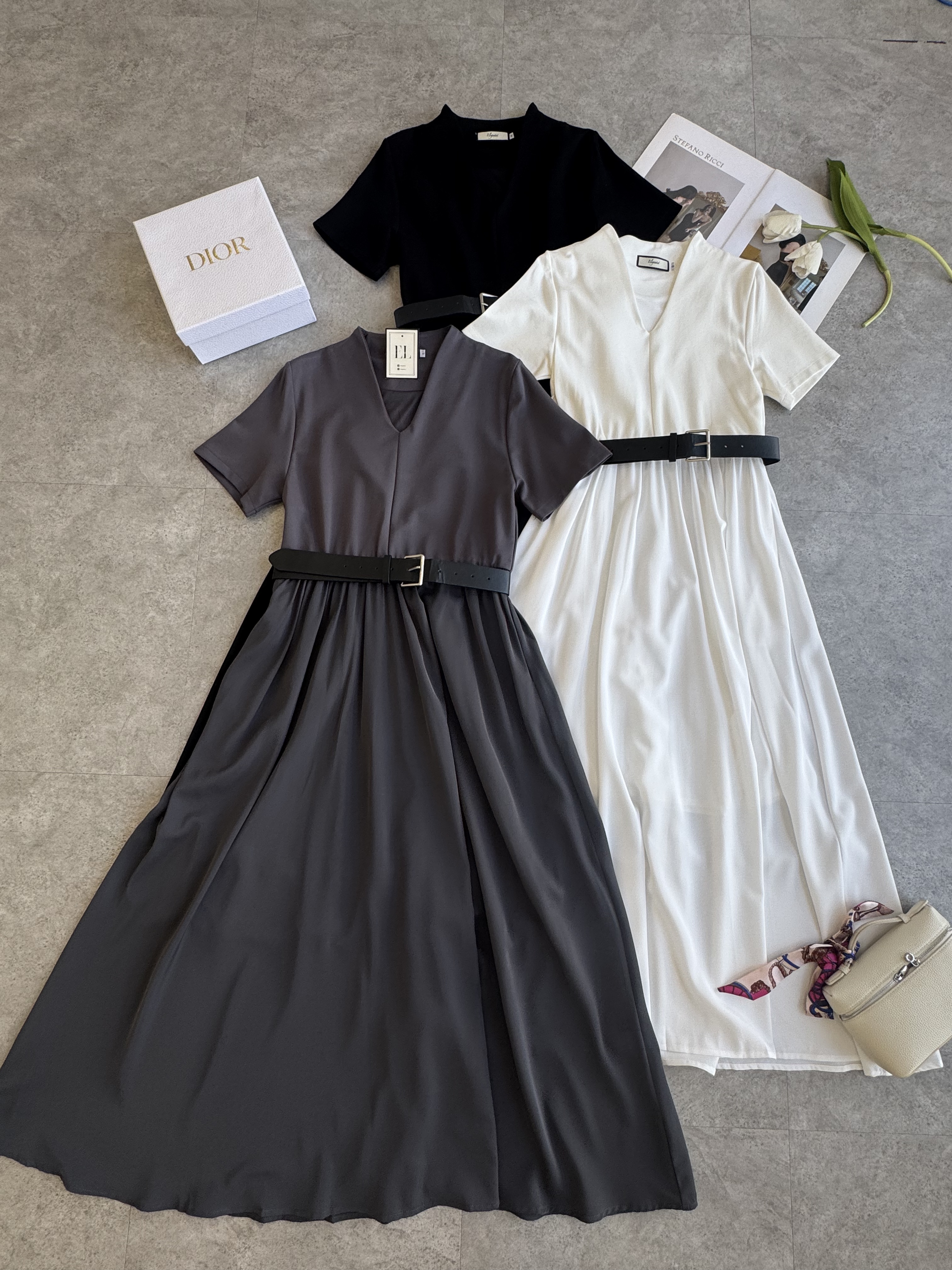 （厚）法式V领短袖连身长裙-腰带