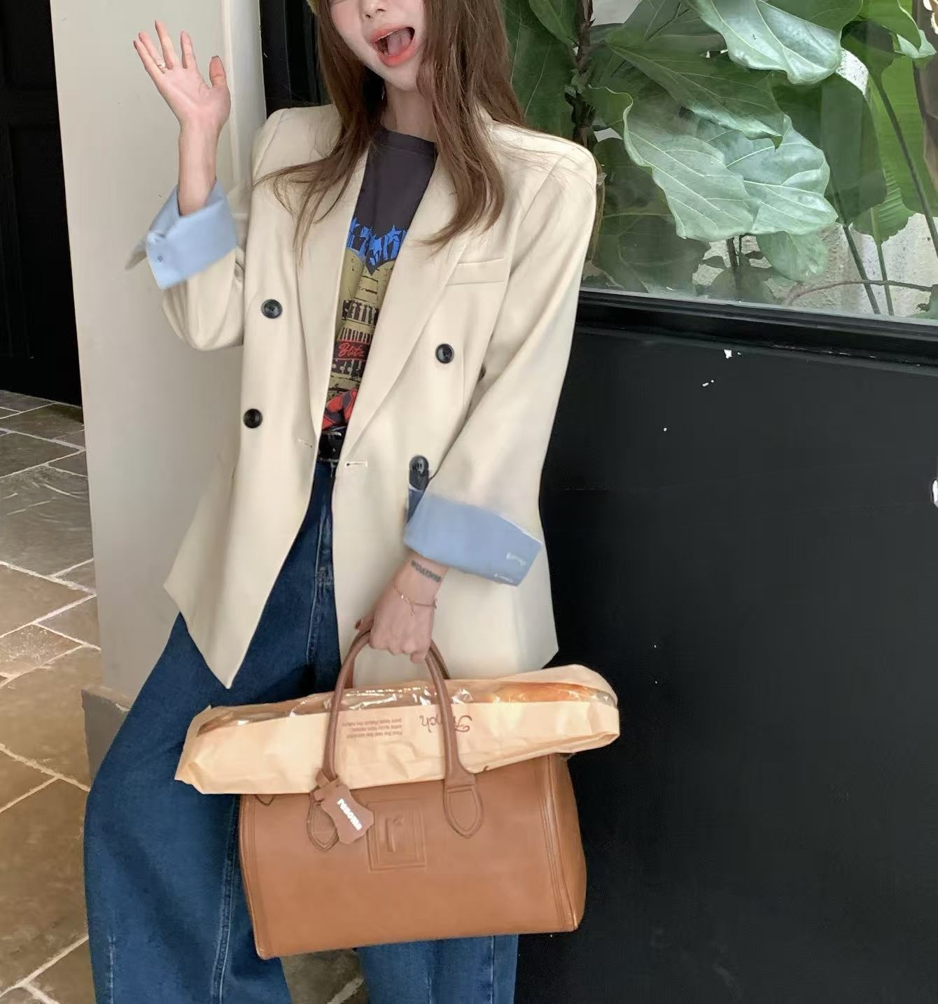 韩系oversize 拼色袖长版西装外套（小垫肩）