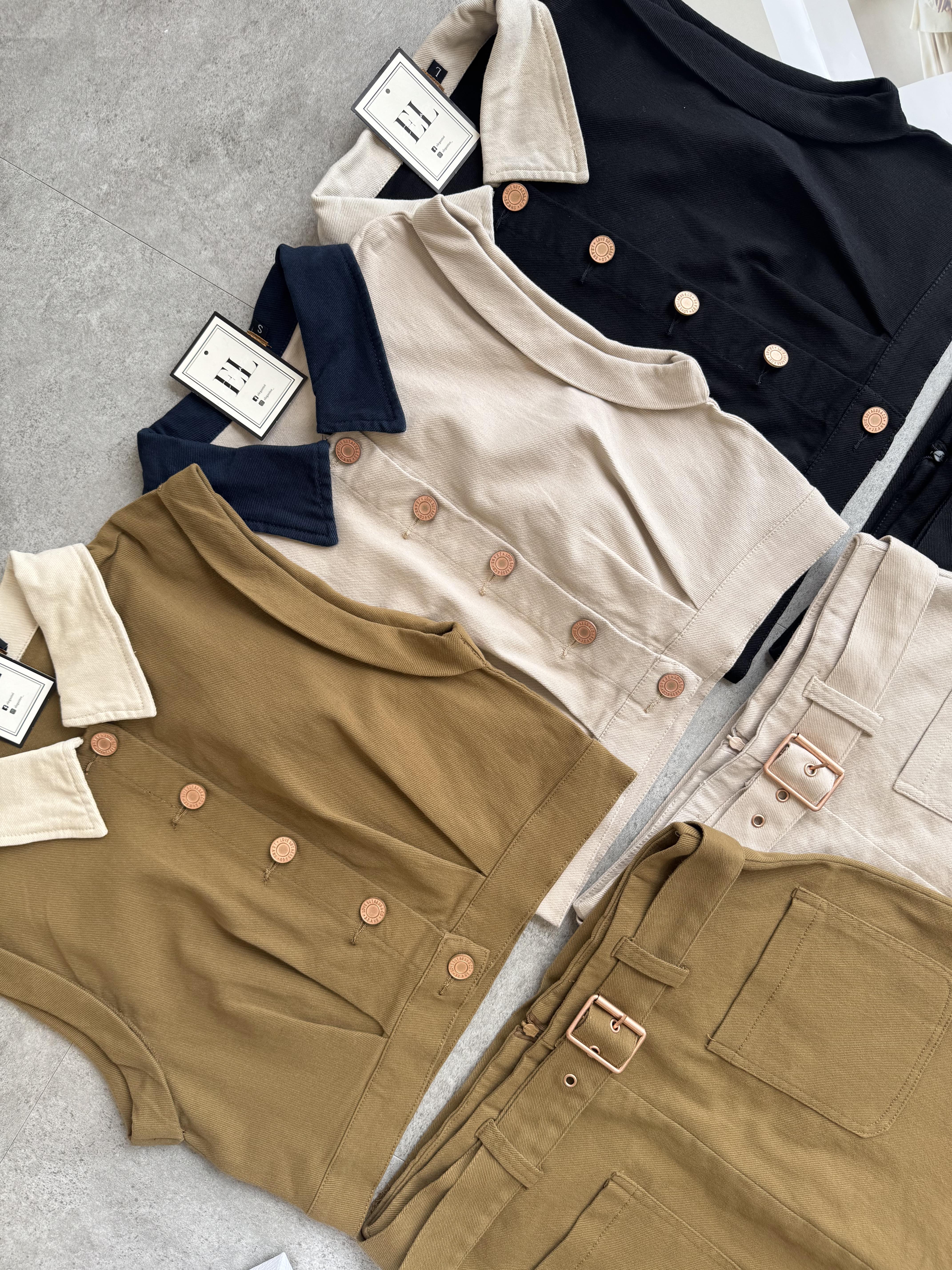 拼色牛仔卷袖套装-腰带