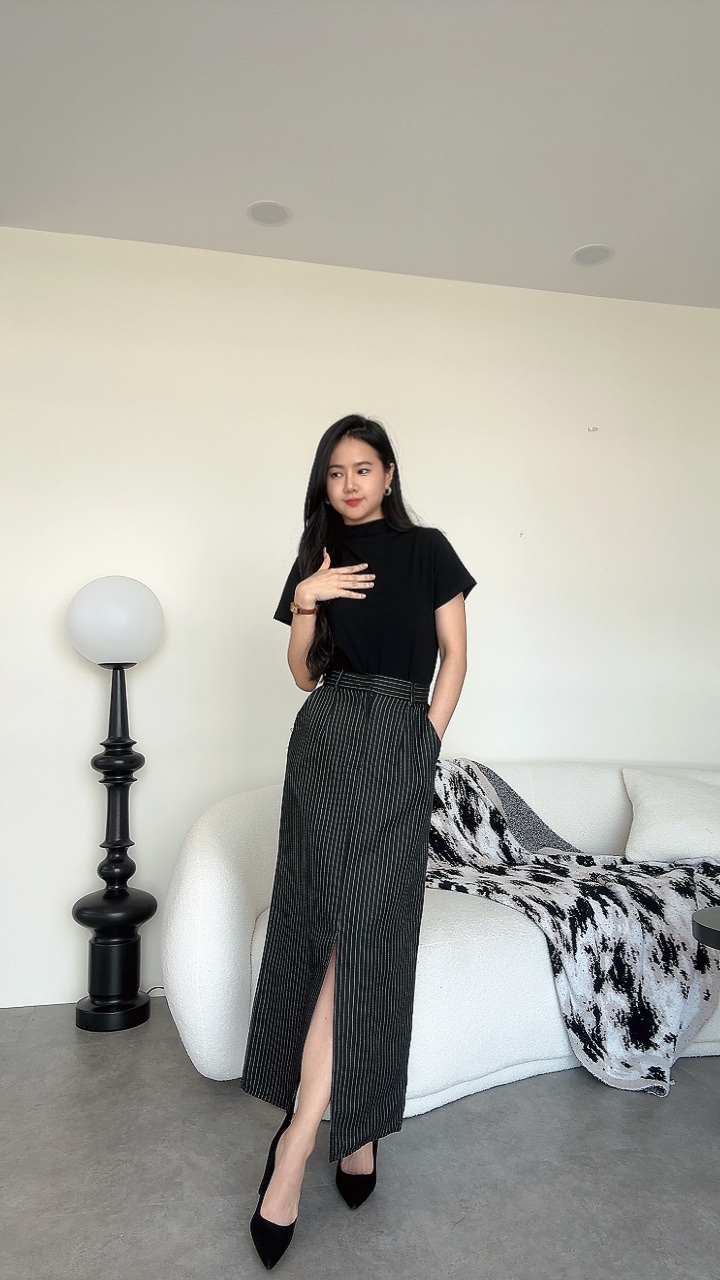 麻棉&滑面料前开叉显瘦直长裙