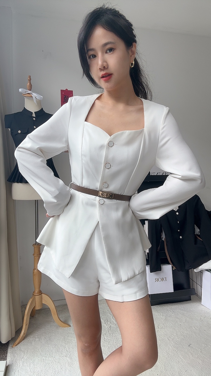 复古三角领长袖短裤套装-副送腰带