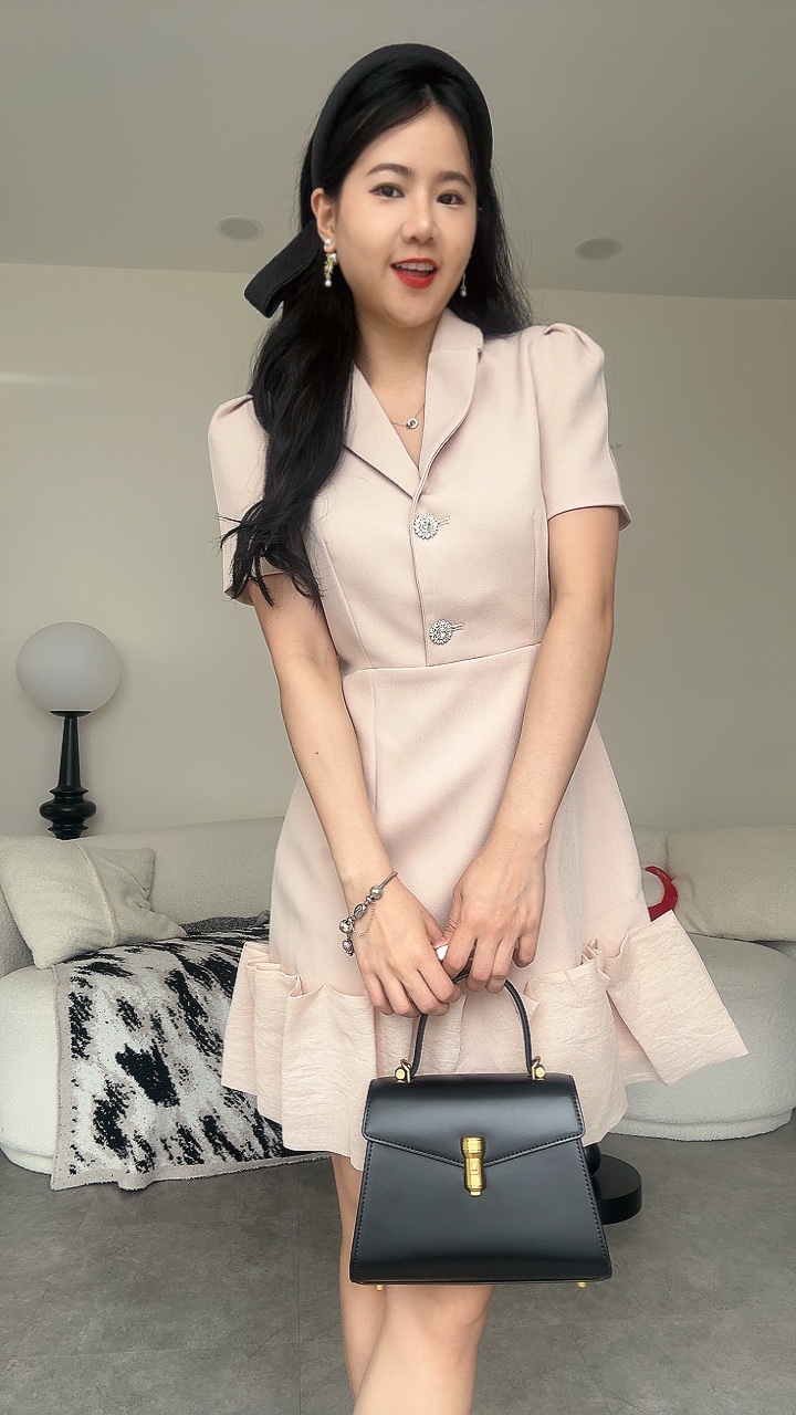 名媛水晶百褶纱尾短袖Dinner Dress