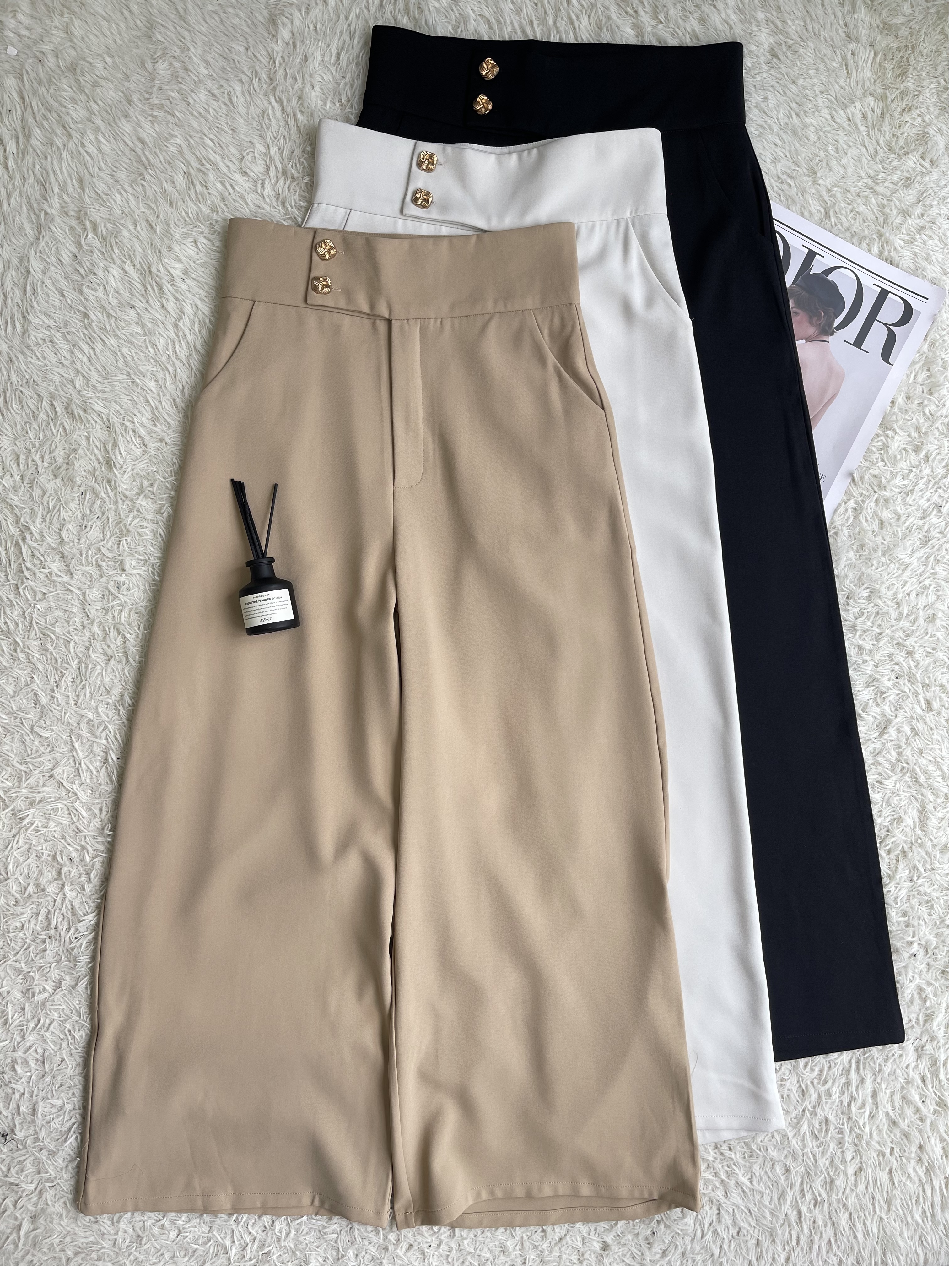 通勤金扣滑面直筒阔腿裤