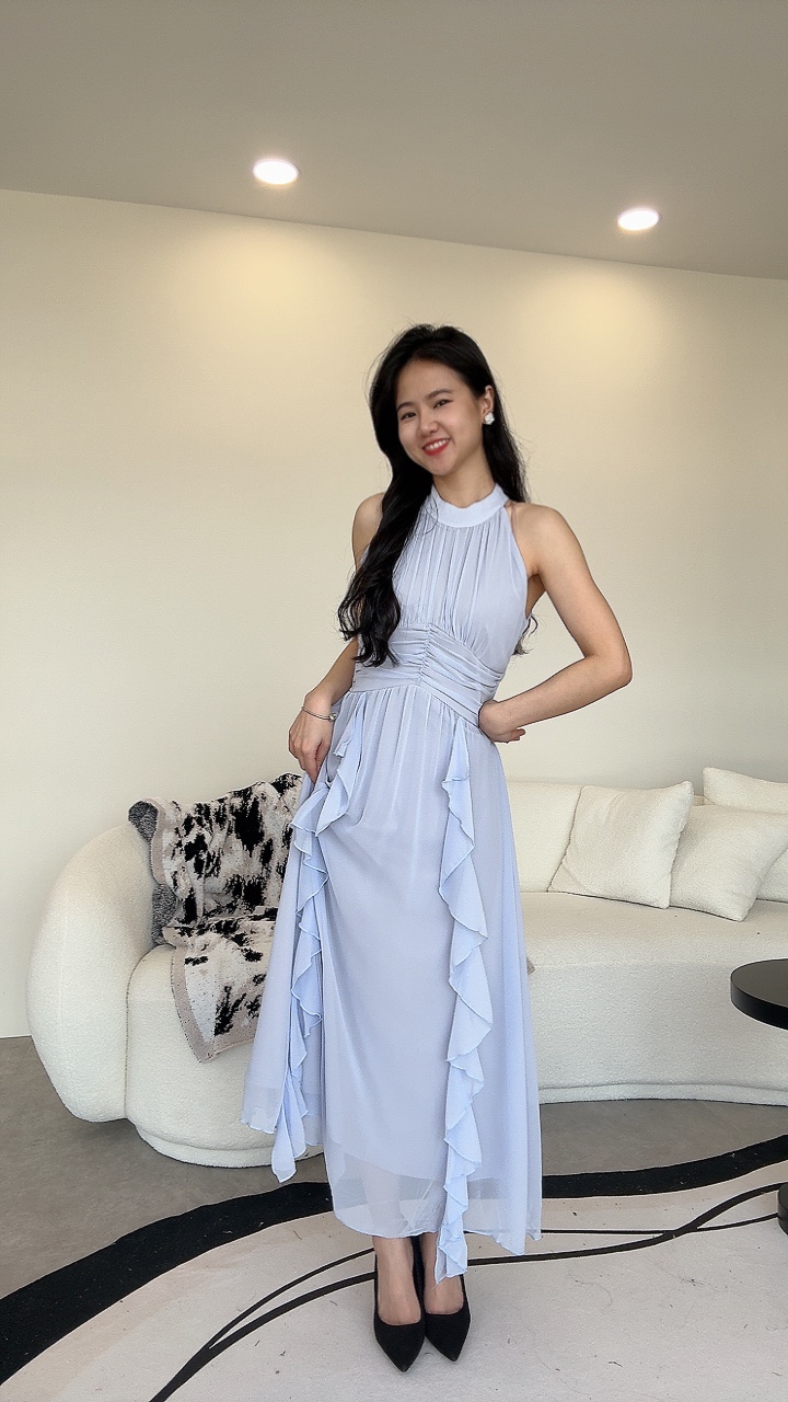 仙气挂脖雪纺连身裙