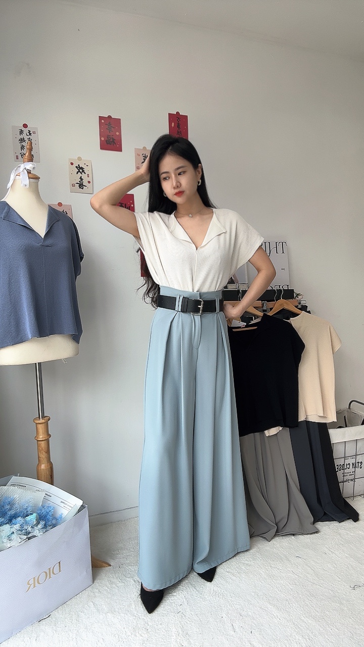 滑面高开褶阔腿裤-附送腰带
