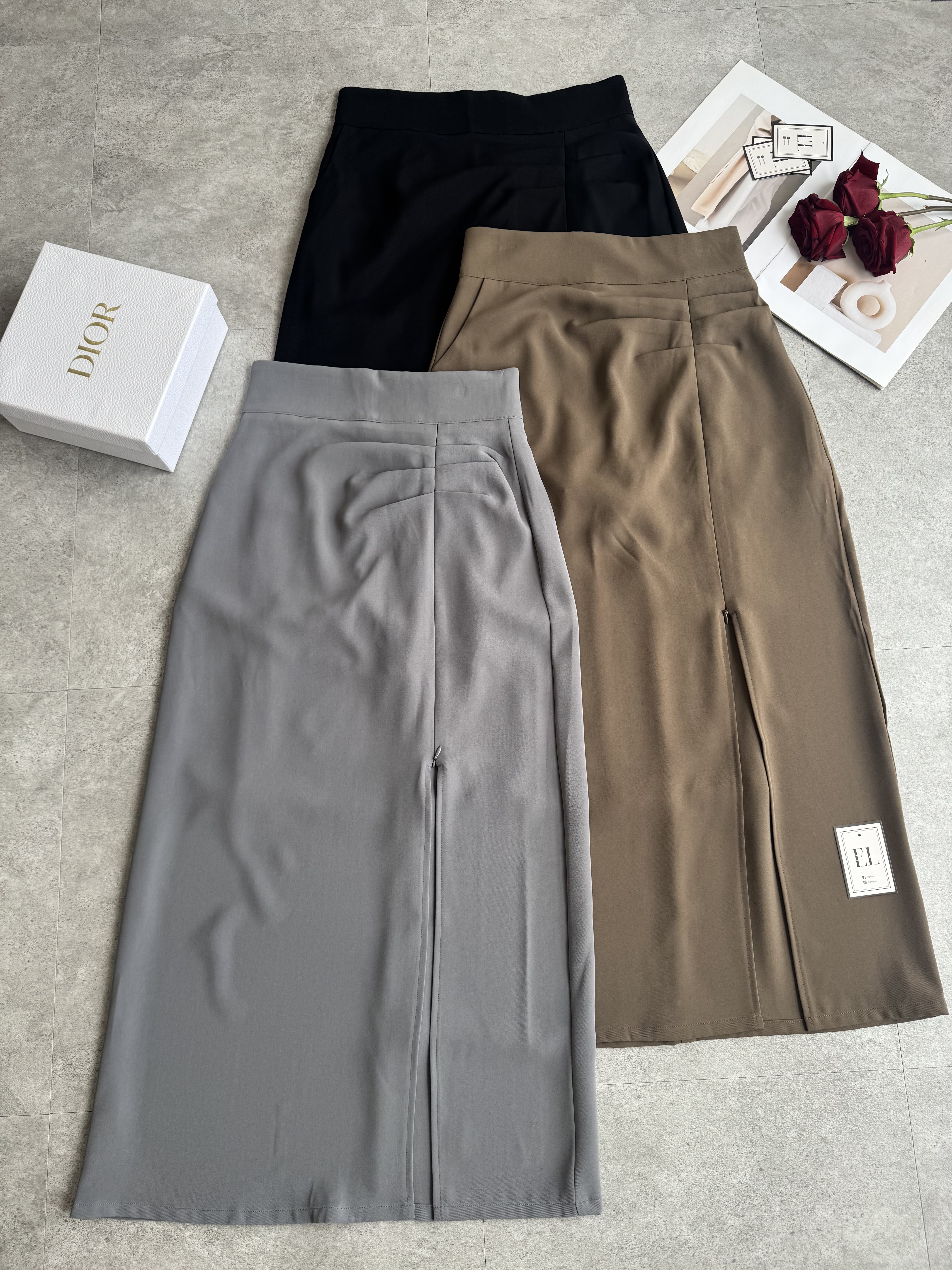 高腰三折拉链滑面长裙