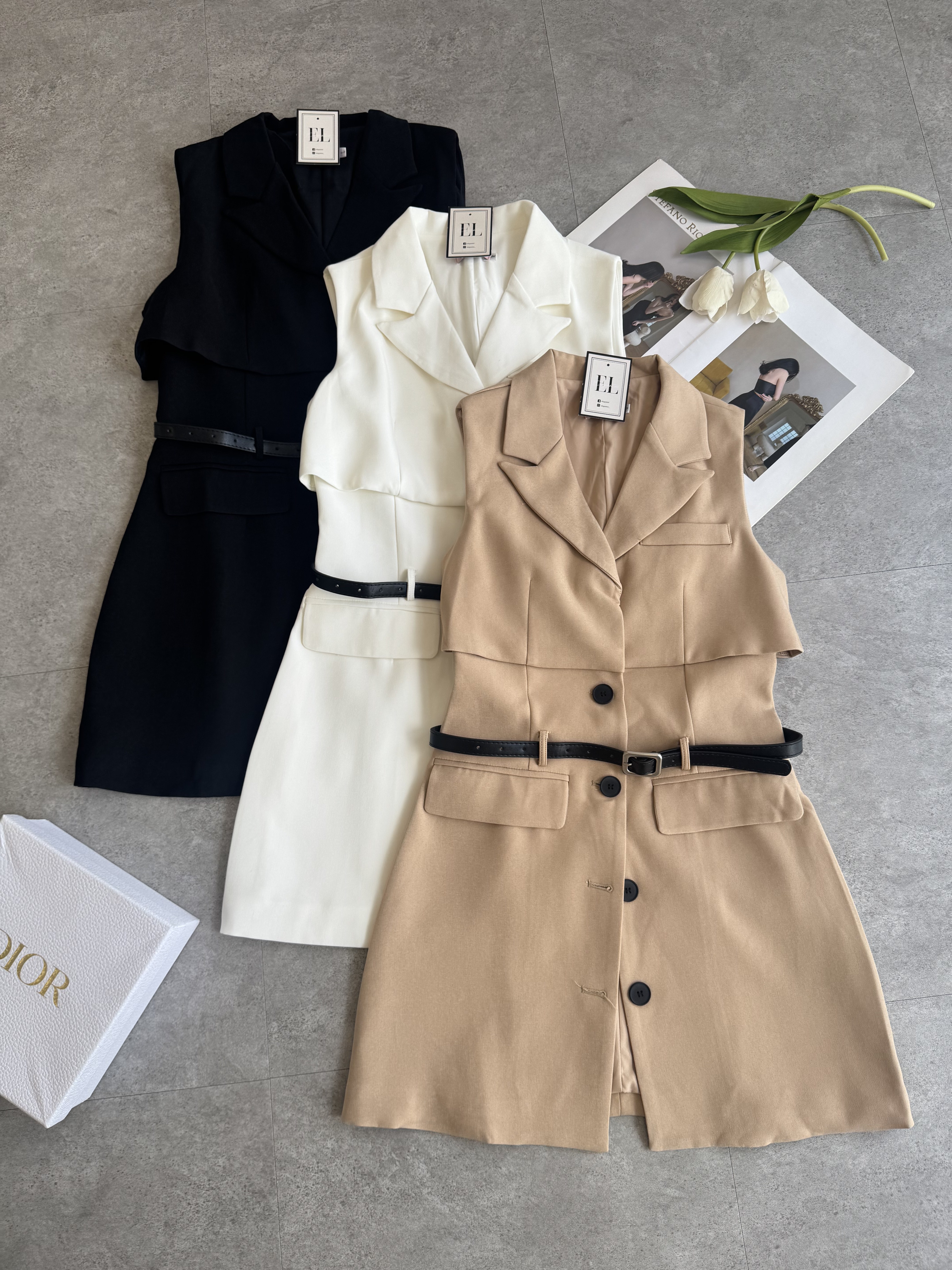 OL假两件腰带无袖连身裙