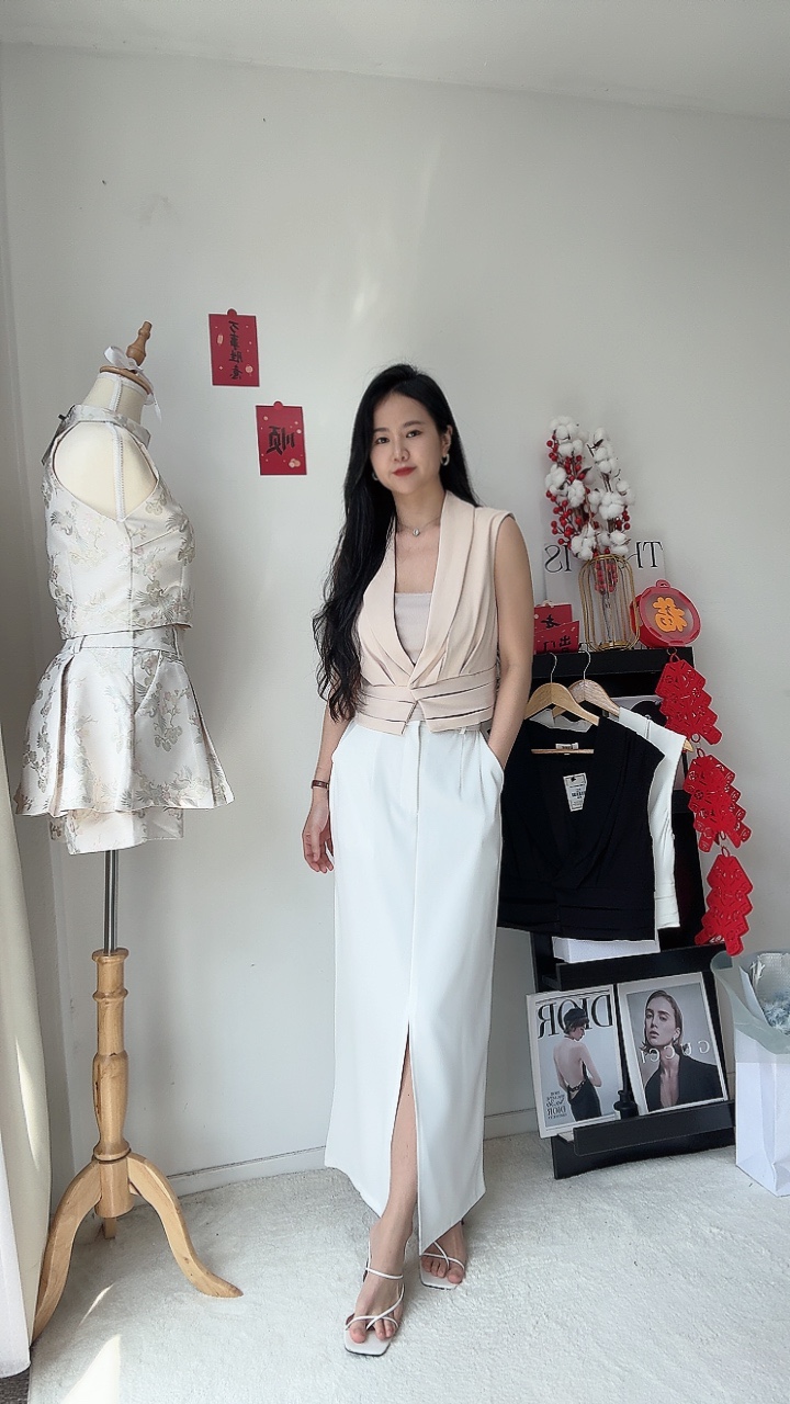 麻棉&滑面料前开叉显瘦直长裙