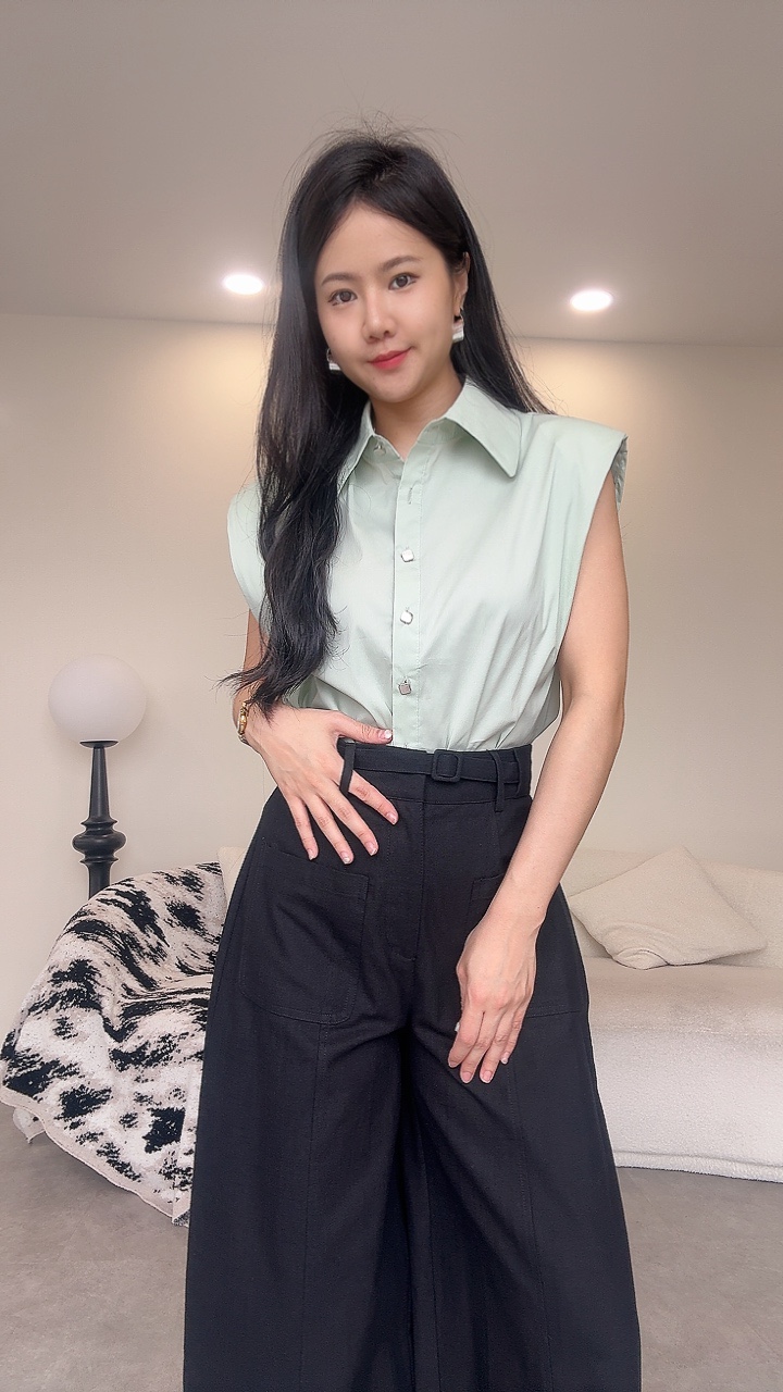 梭织垫肩方扣衬衫