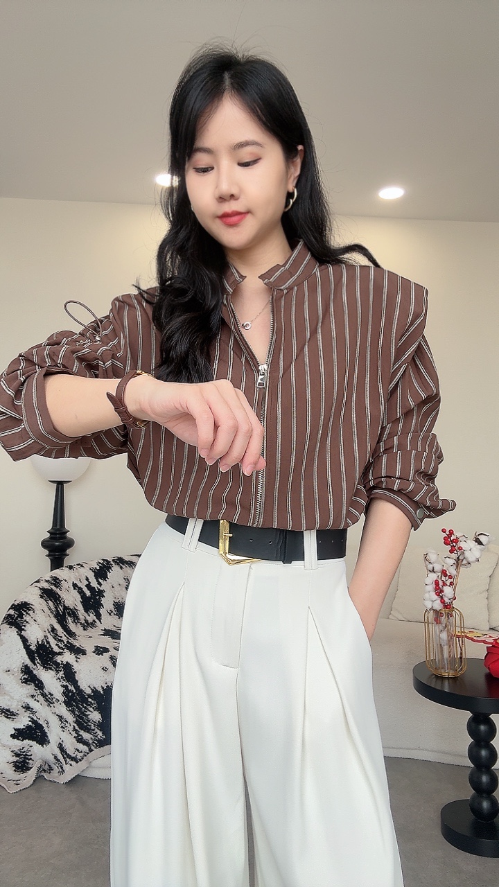 大女主垫肩松紧带长袖拉链衬衫