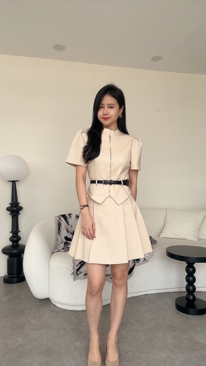 拉链皮带酷女孩短袖短裙套装 