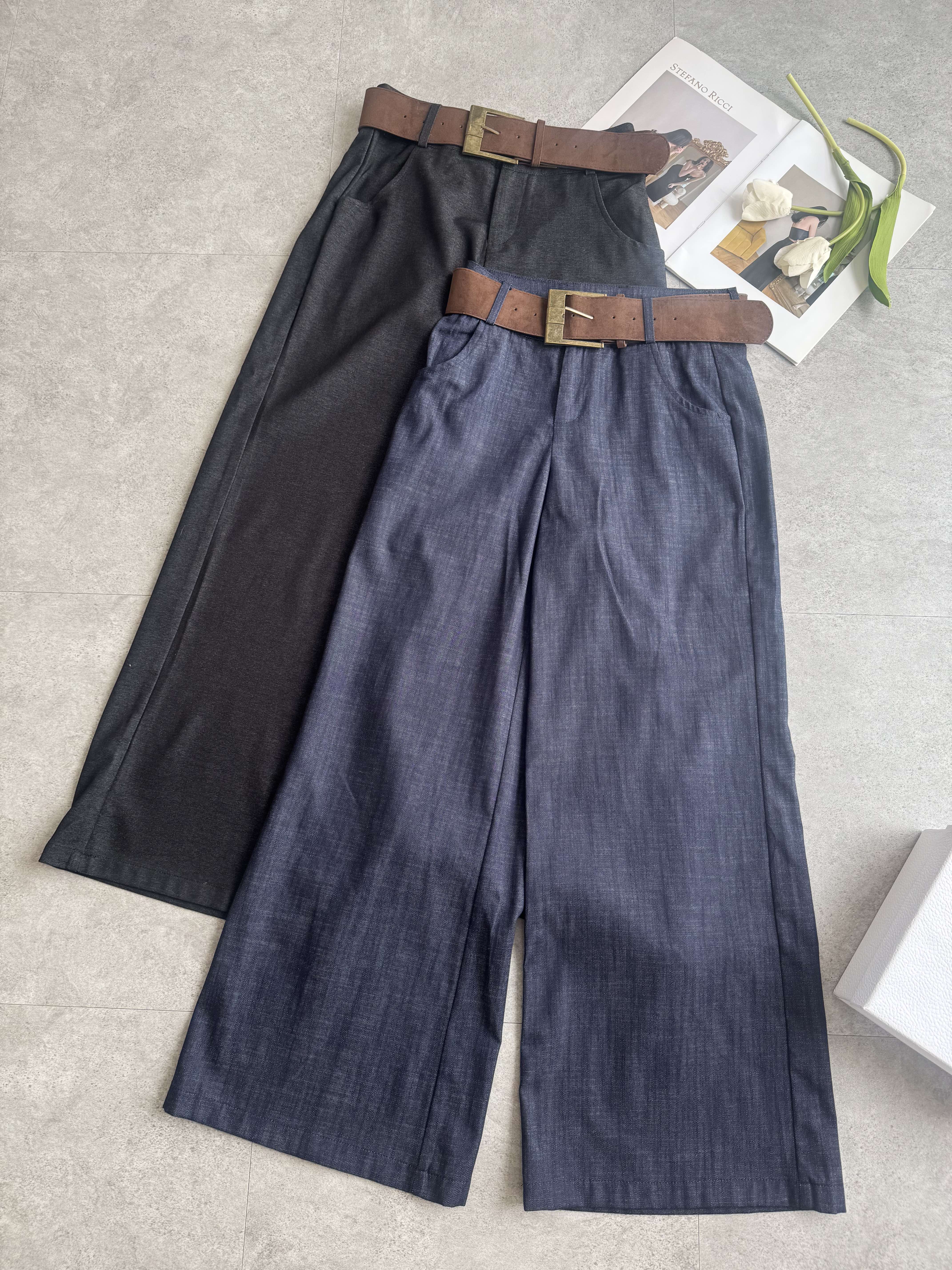 复古绒布厚腰带Denim-like高腰阔腿裤