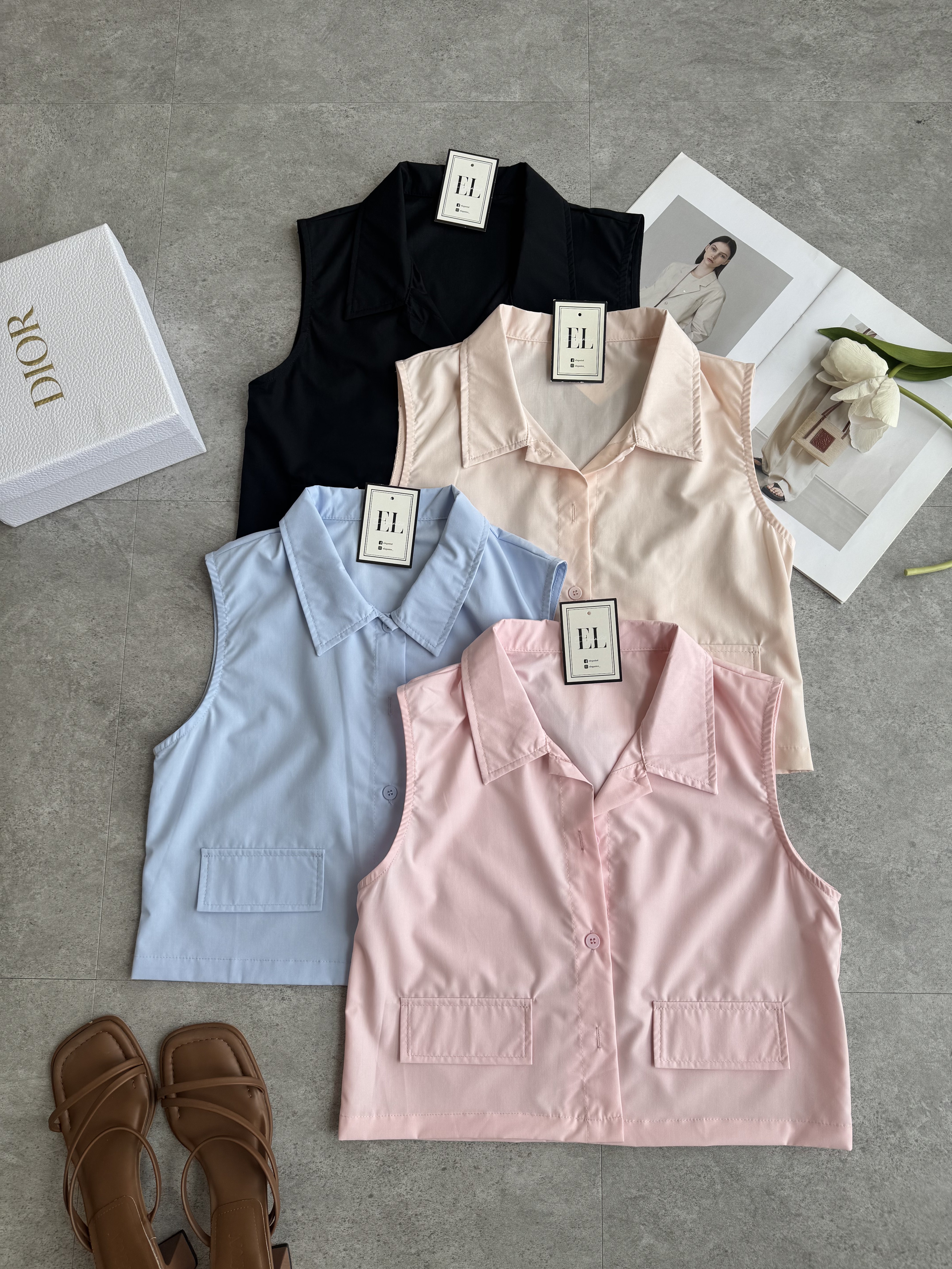 无袖假口袋设计衬衫Top