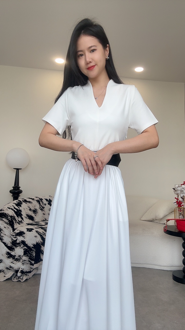 （厚）法式V领短袖连身长裙-腰带