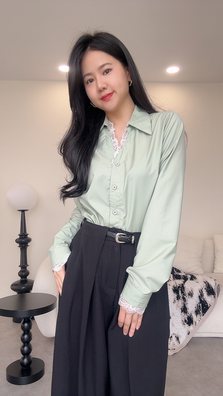 蕾丝边收腰长袖衬衫