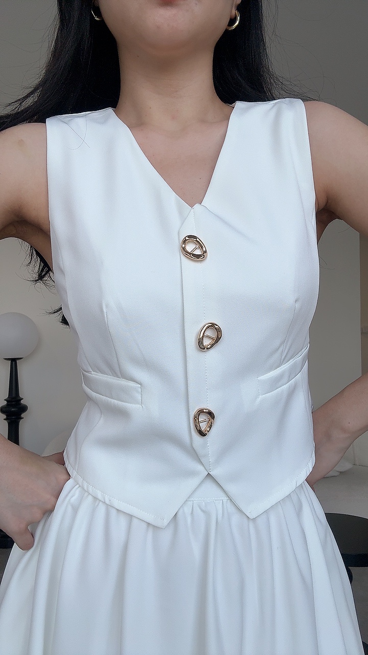  知性金扣拉链长裙套装