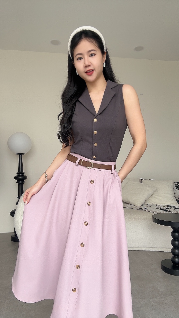 复古金扣无袖翻领Top