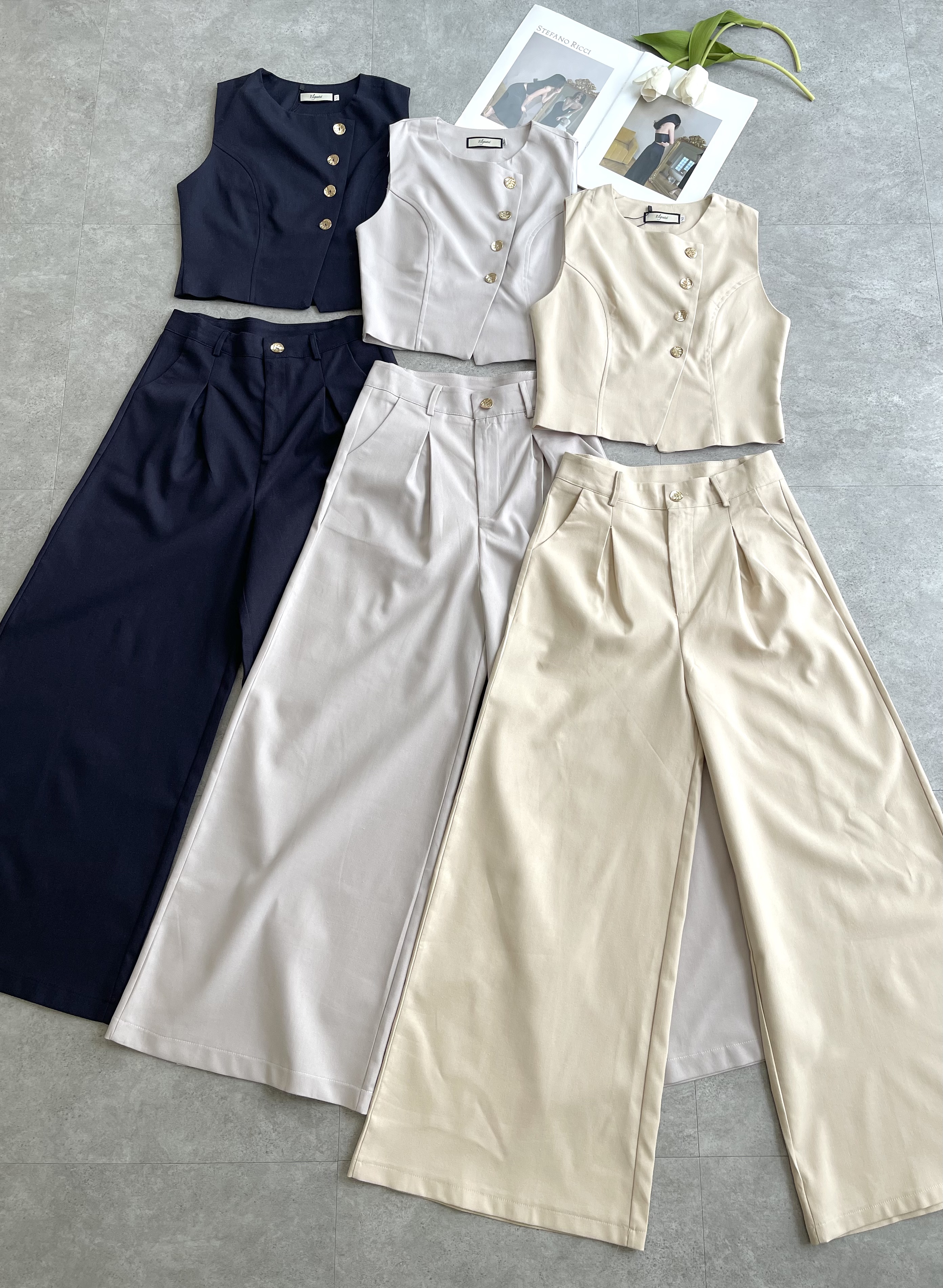 麻棉斜钮马甲长裤Set