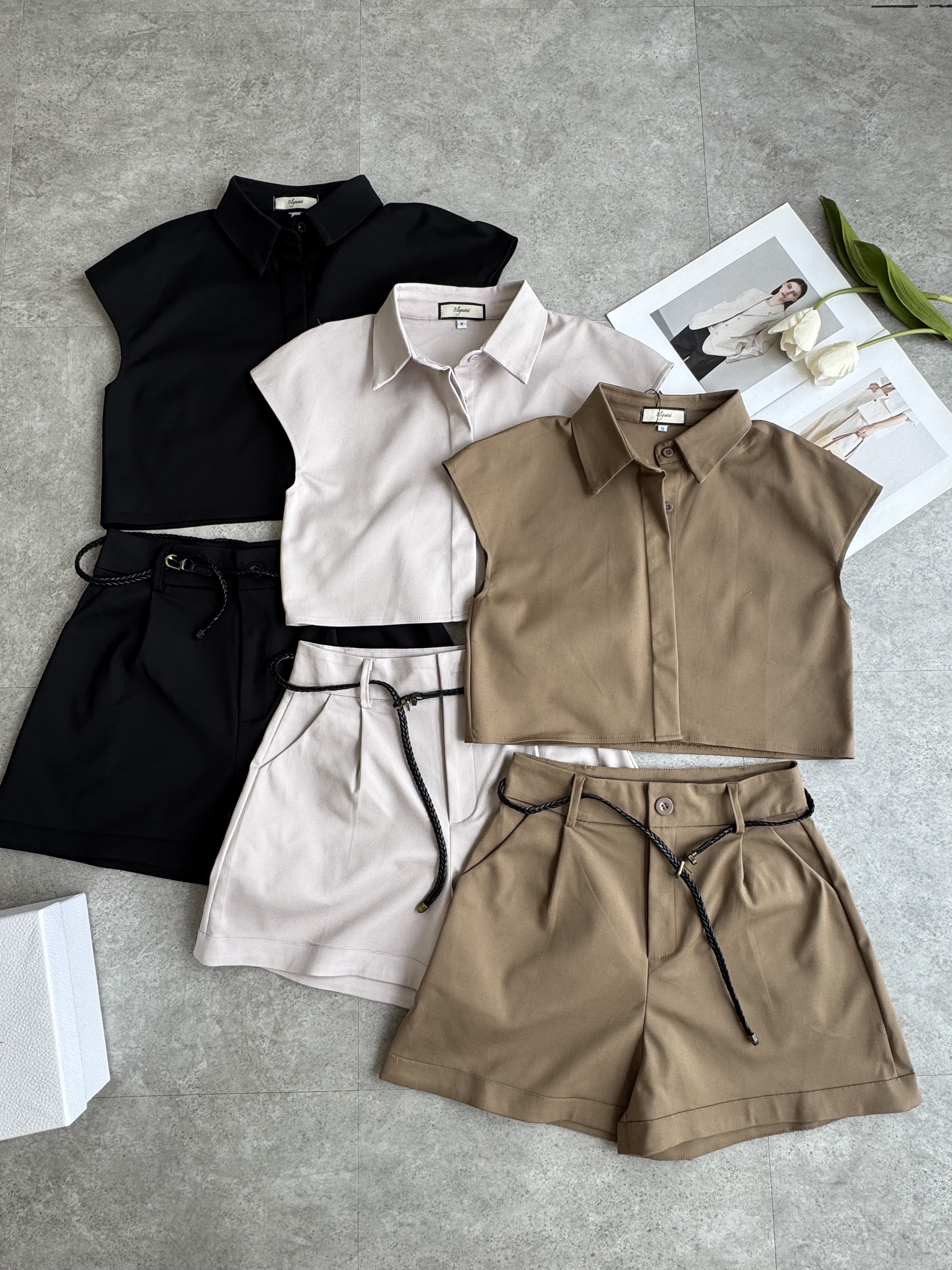 过肩袖编织金扣腰带短裤Set