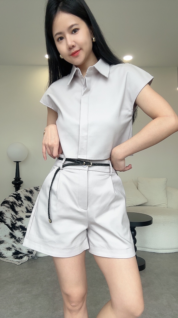 过肩袖编织金扣腰带短裤Set