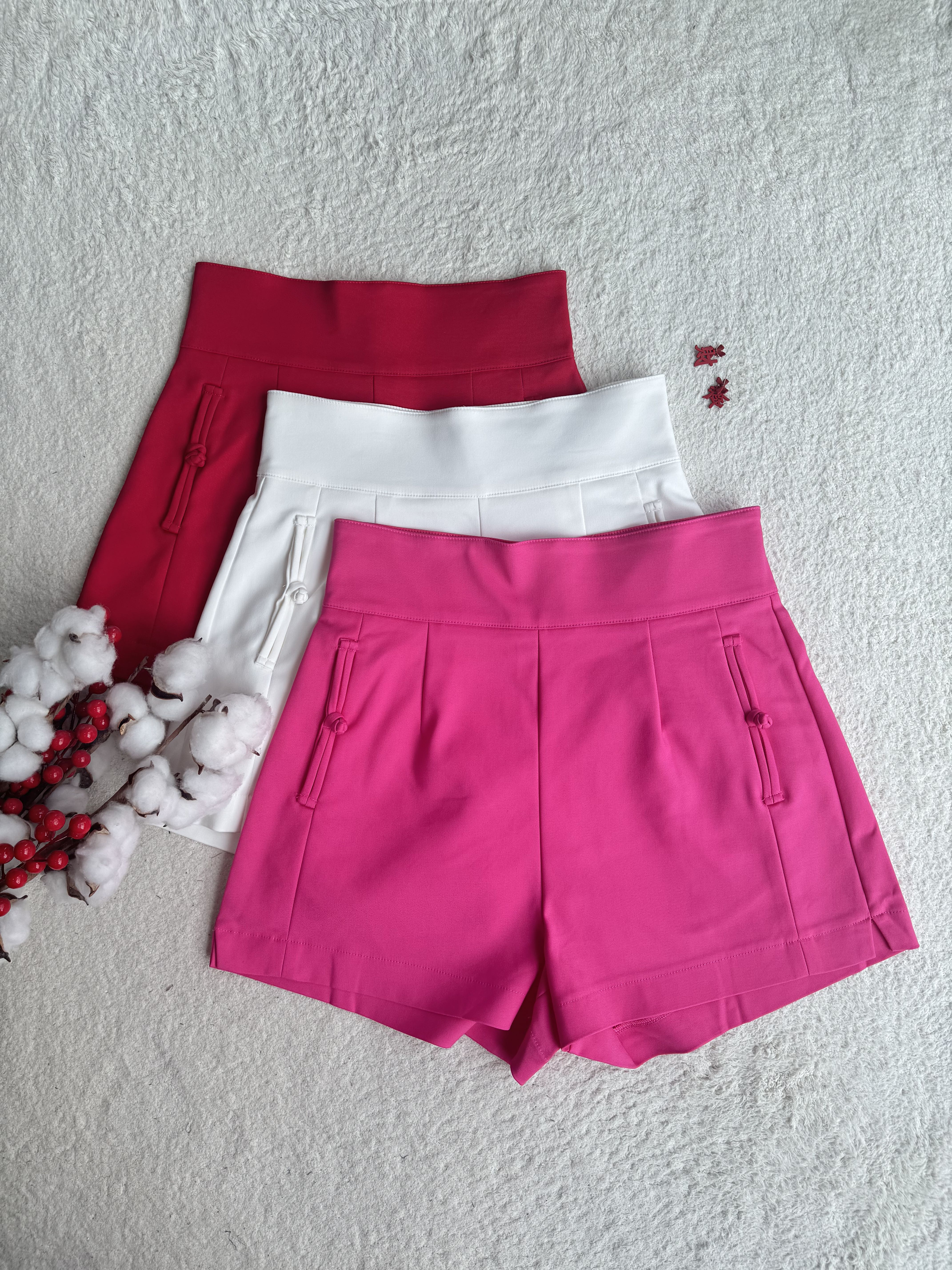 旗袍扣口袋厚腰线短裤