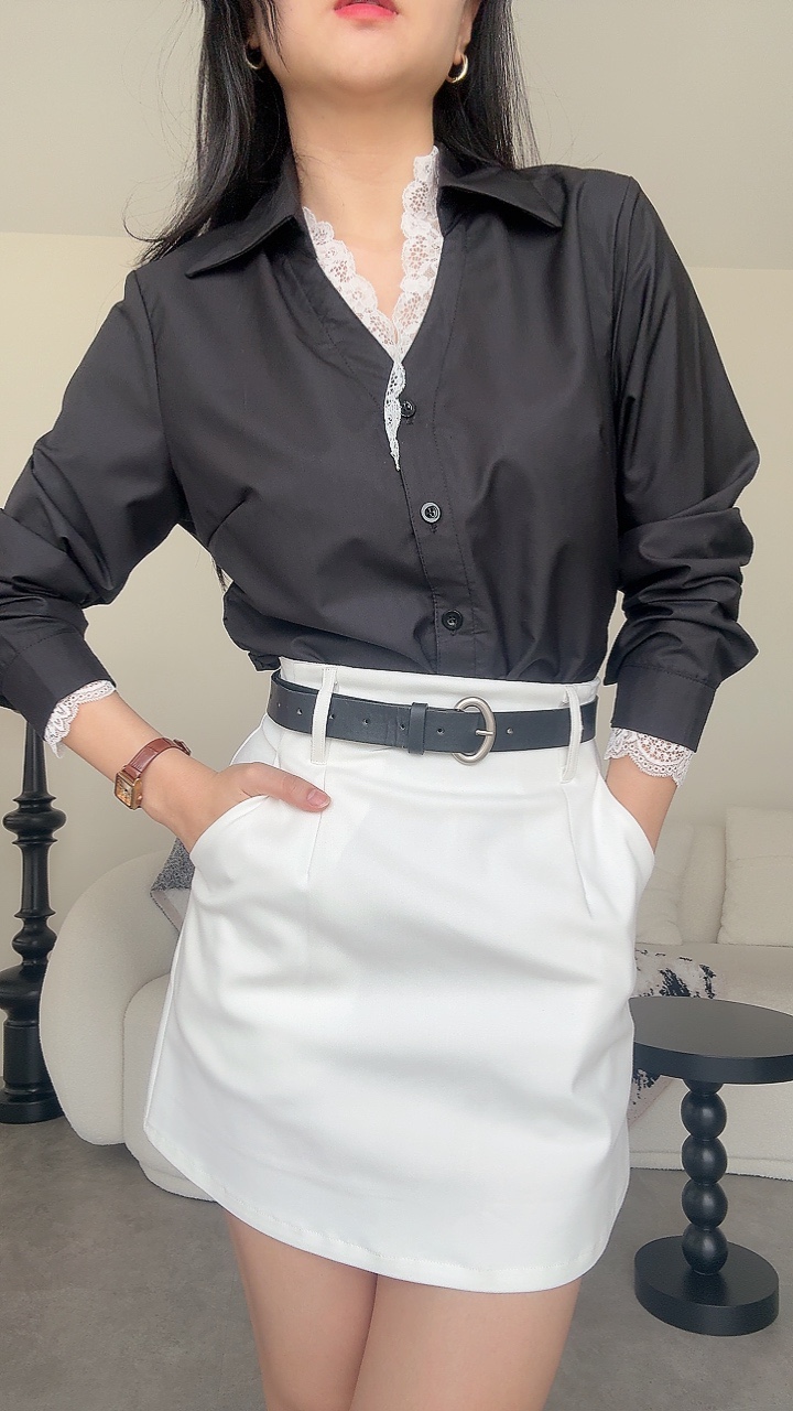 蕾丝边收腰长袖衬衫