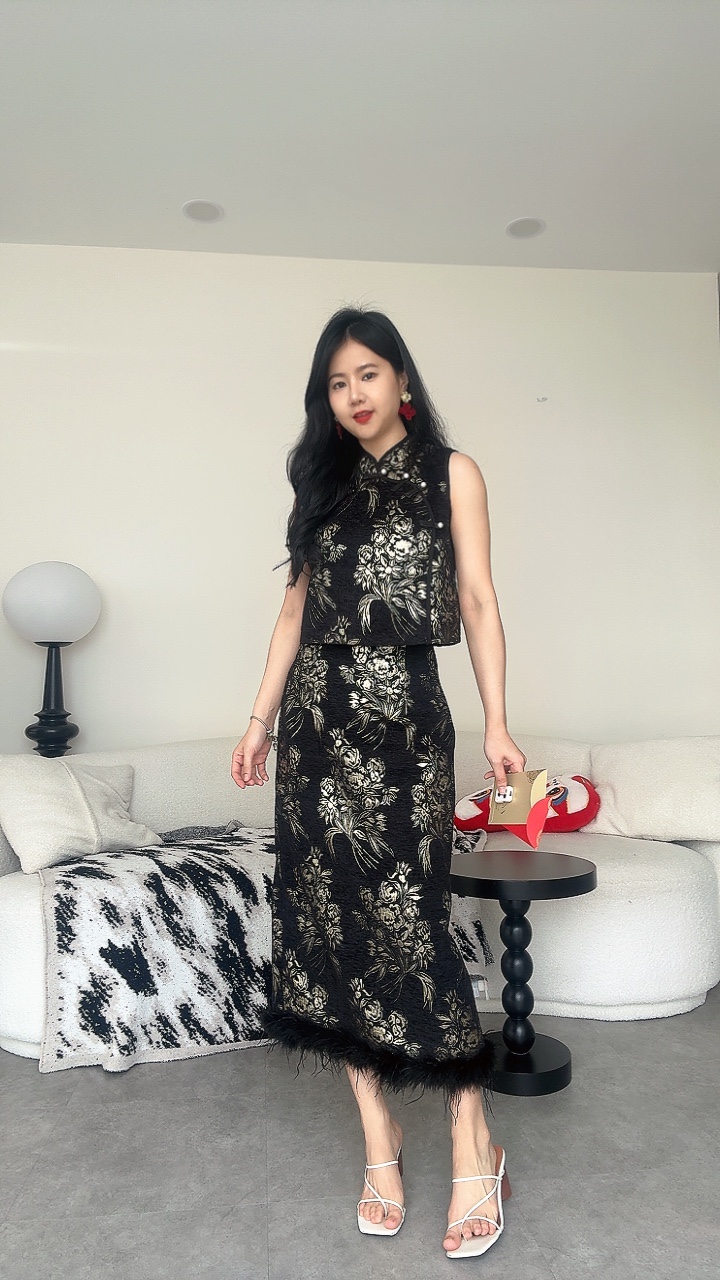 《新年》Elegant绒布长裙无袖套装