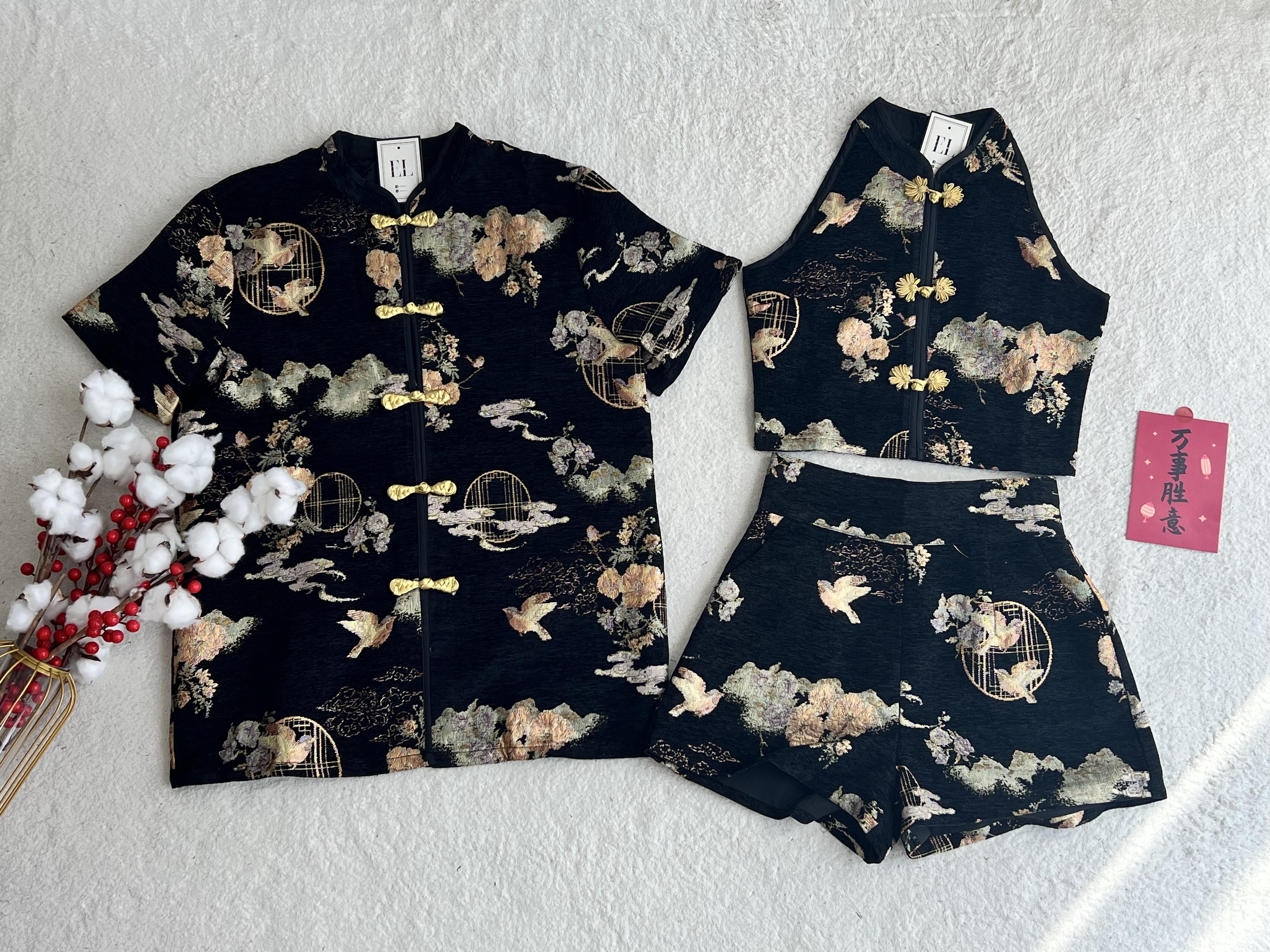 （情侣-男）金扣如意短裤旗袍套装