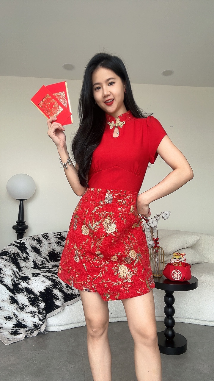 《新年旗袍》 修身拼色绒布连体裤