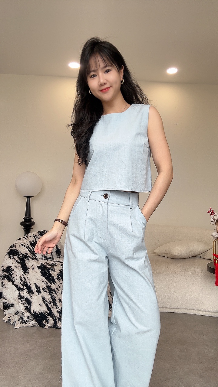 亚麻无袖阔腿裤套装