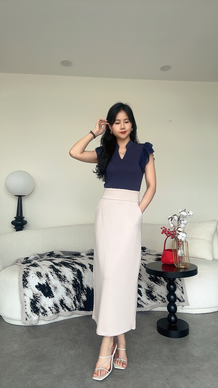 高腰厚滑料长裙