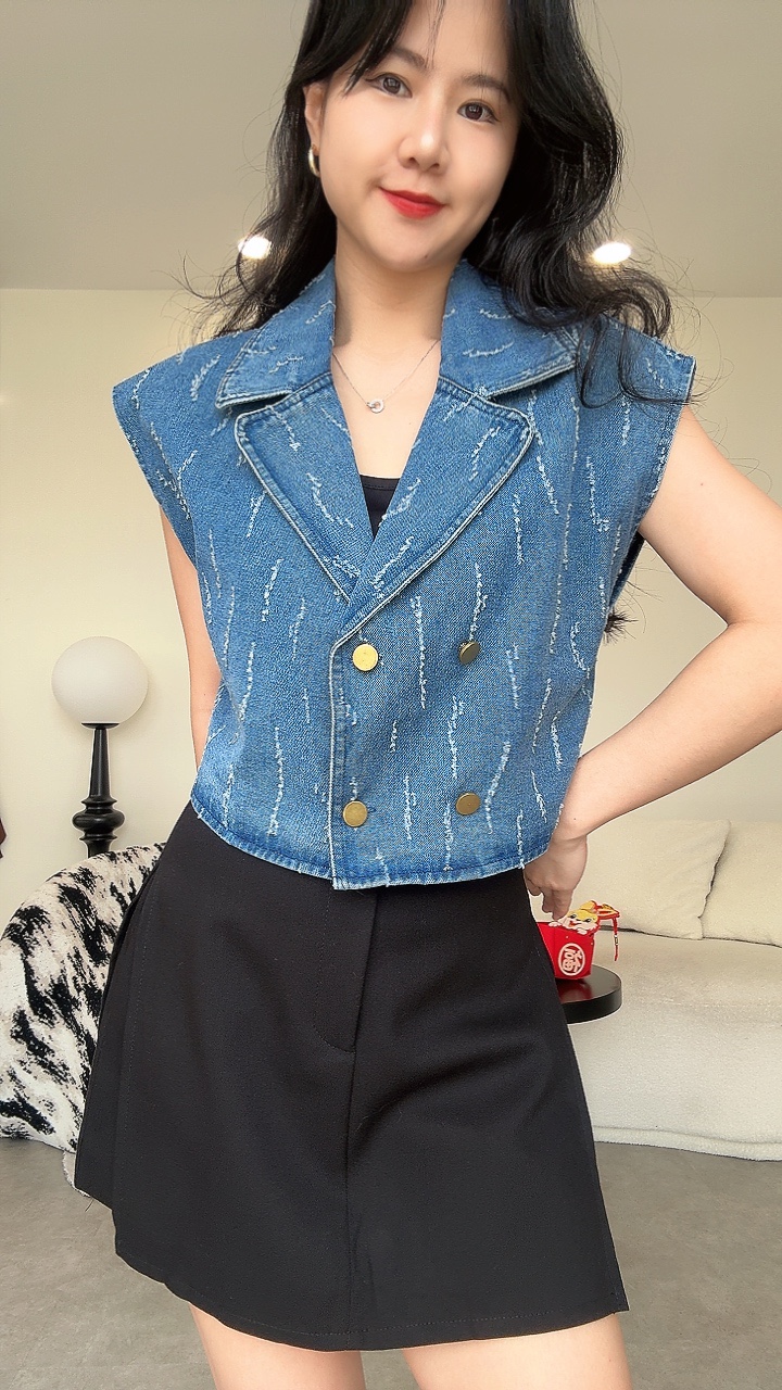 白毛条纹牛仔过肩Top 