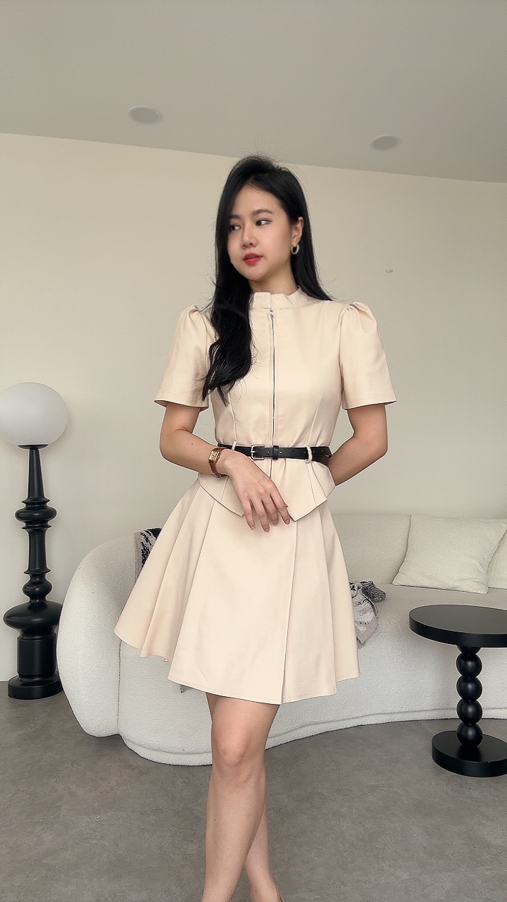 拉链皮带酷女孩短袖短裙套装 