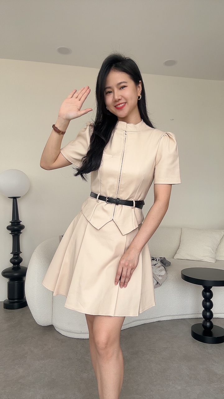 拉链皮带酷女孩短袖短裙套装 