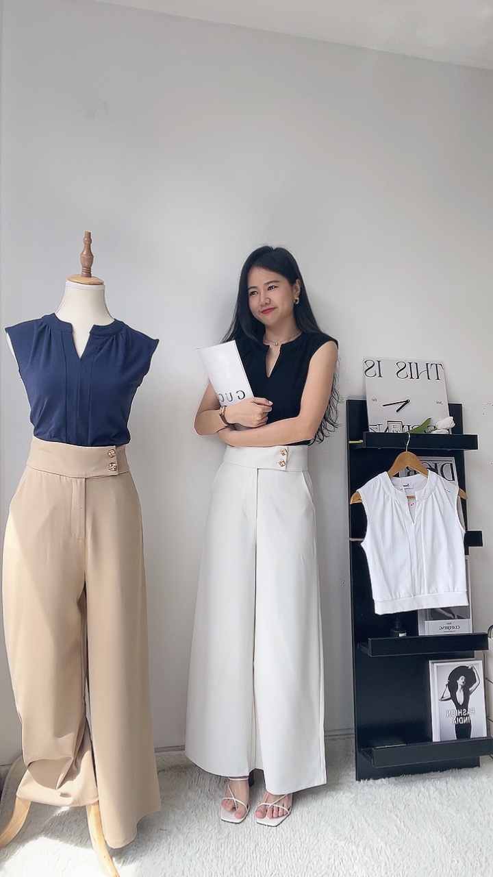 通勤金扣滑面直筒阔腿裤