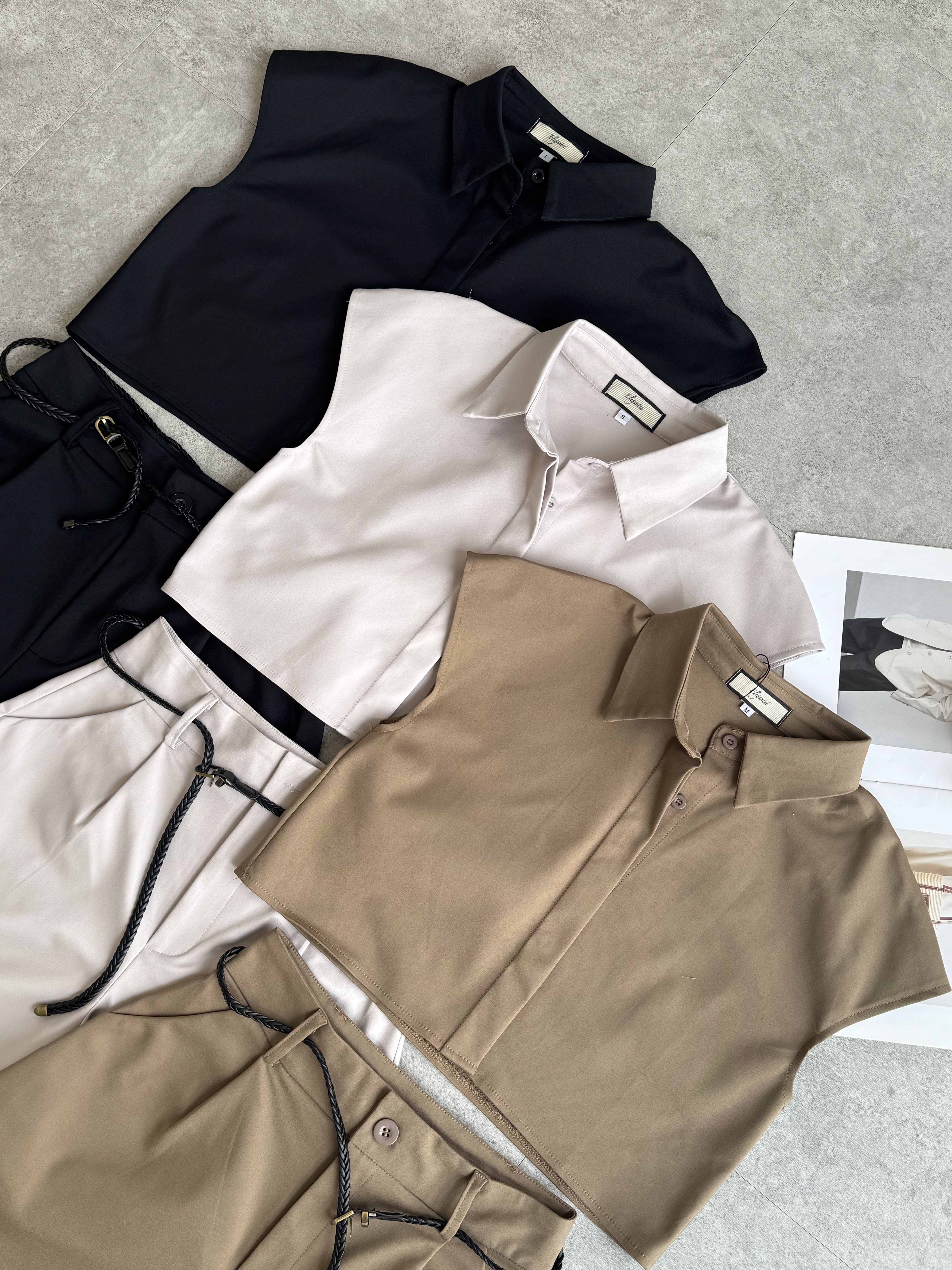 过肩袖编织金扣腰带短裤Set